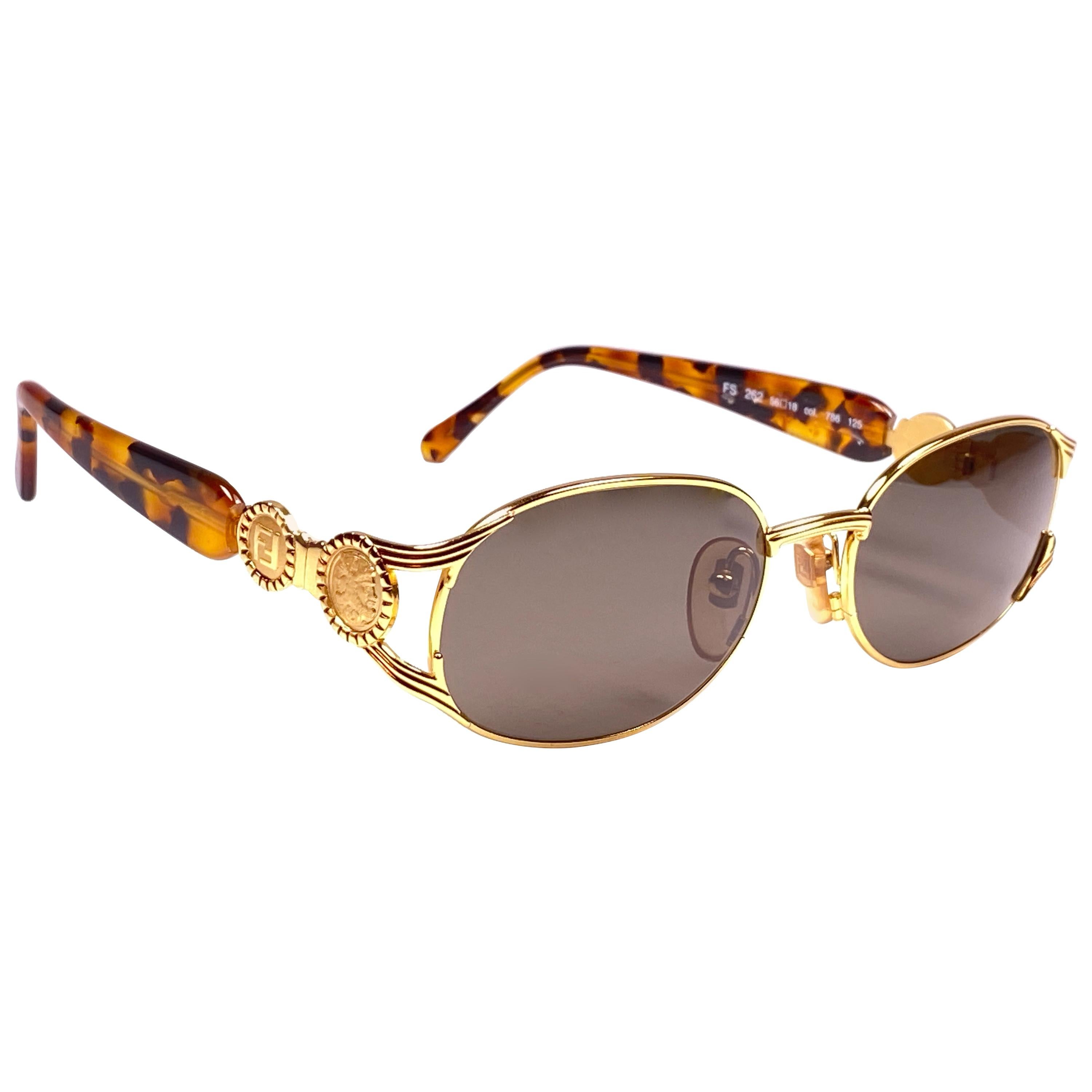 New Vintage Fendi FS262 Tortoise & Gold  1990 Sunglasses Made in Italy