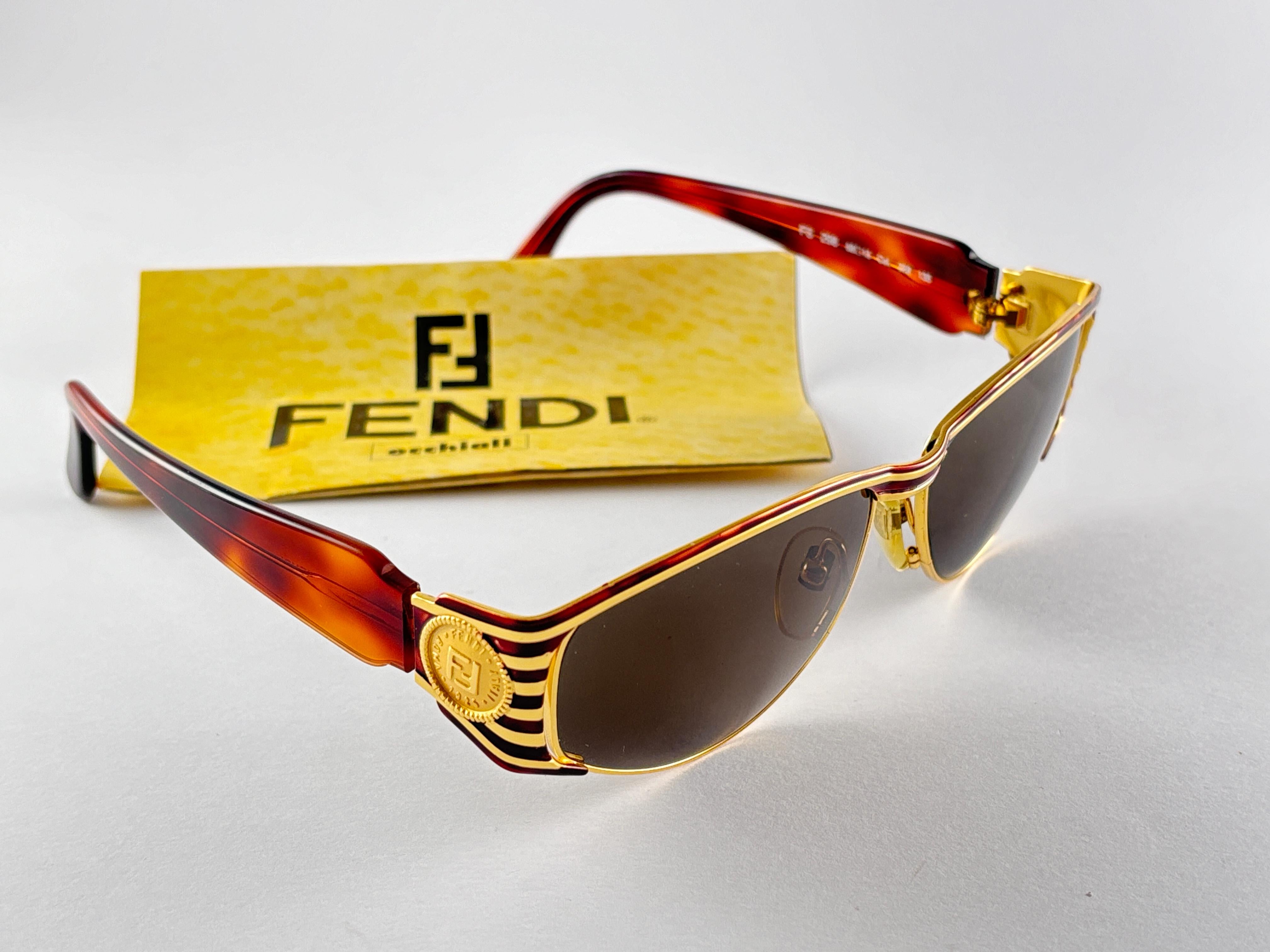 Brown New Vintage Fendi FS298 Mask Tortoise & Gold Large 1990 Sunglasses Made in Italy For Sale