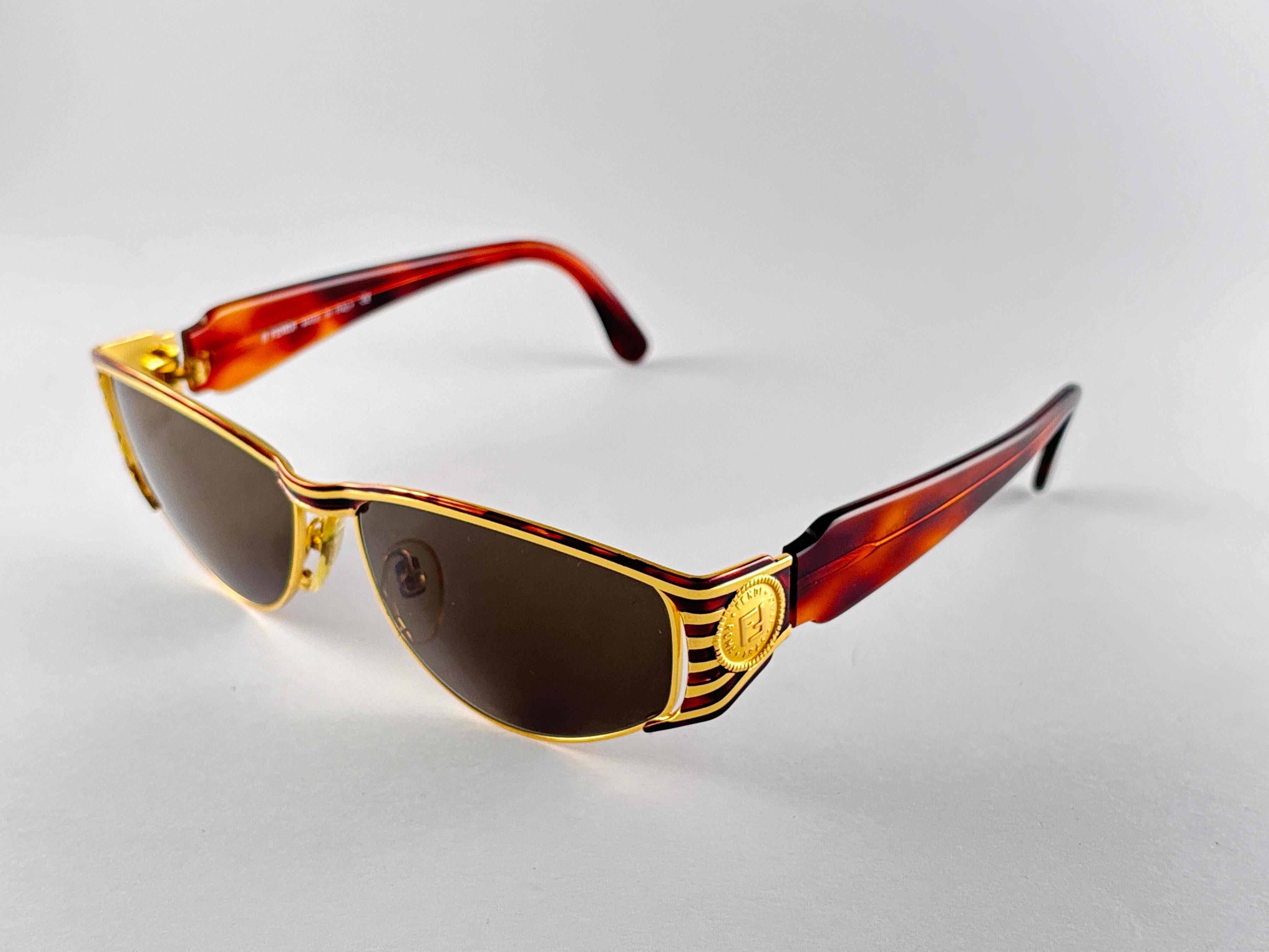 New Vintage Fendi FS298 Mask Tortoise & Gold Large 1990 Sunglasses Made in Italy For Sale 1