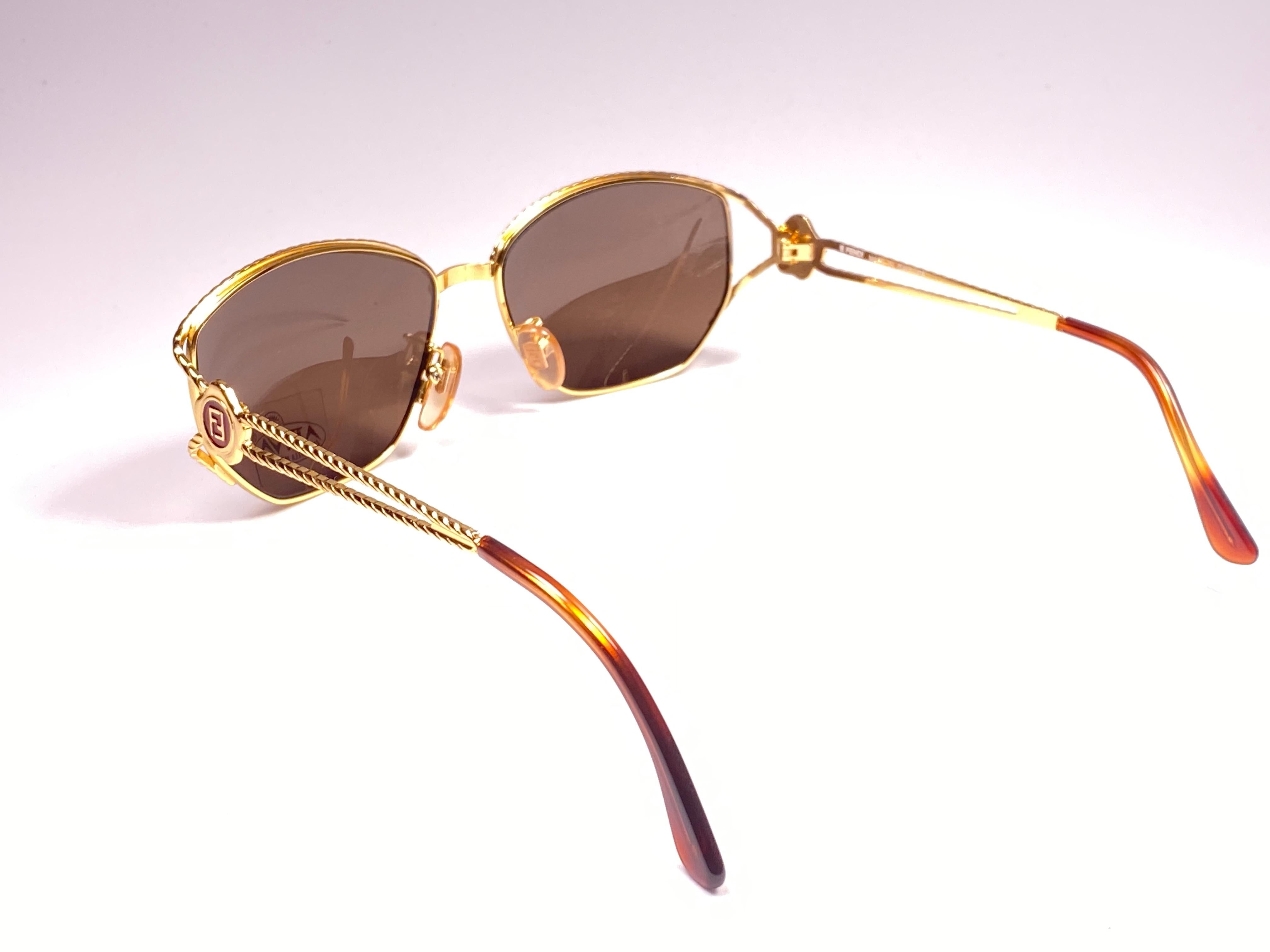 Women's or Men's New Vintage Fendi SL7023 Tortoise & Gold Large  1990 Sunglasses Made in Italy