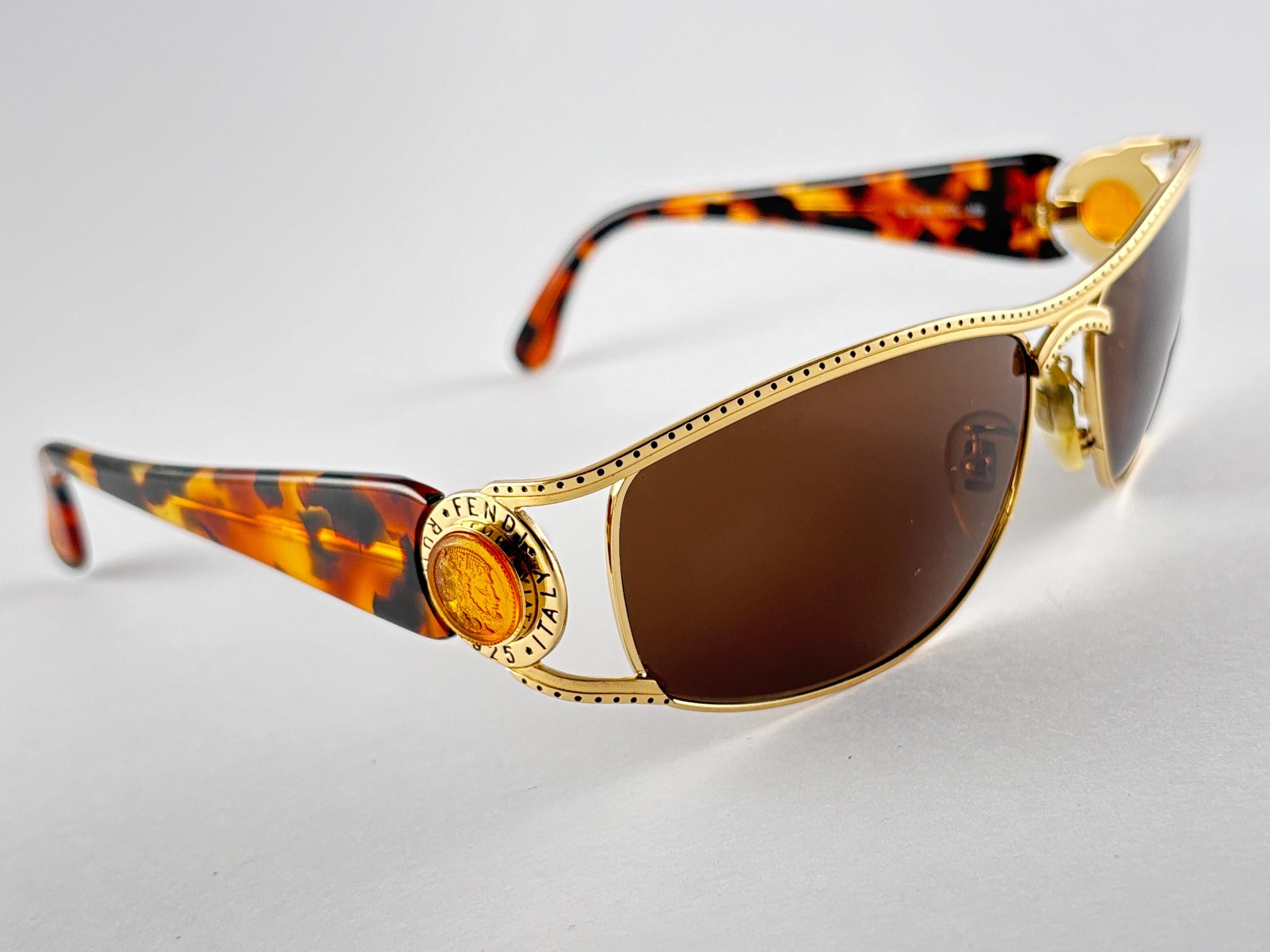 New Vintage Fendi SL7025 Mask Tortoise & Gold Large 1990 Sunglasses Italy For Sale 1