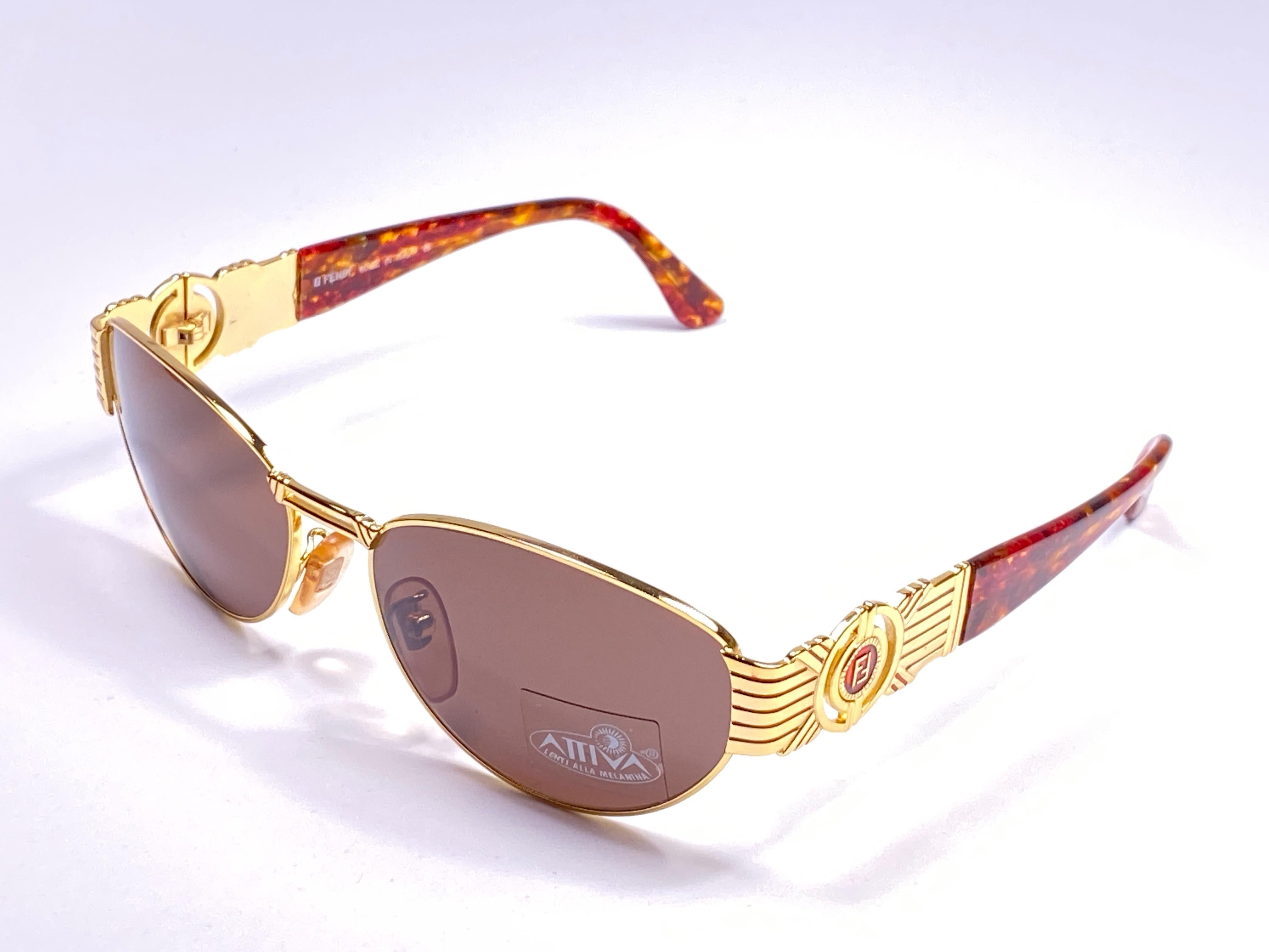 Women's or Men's New Vintage Fendi SL7033 Tortoise & Gold Cat Eye 1990 Sunglasses Made in Italy