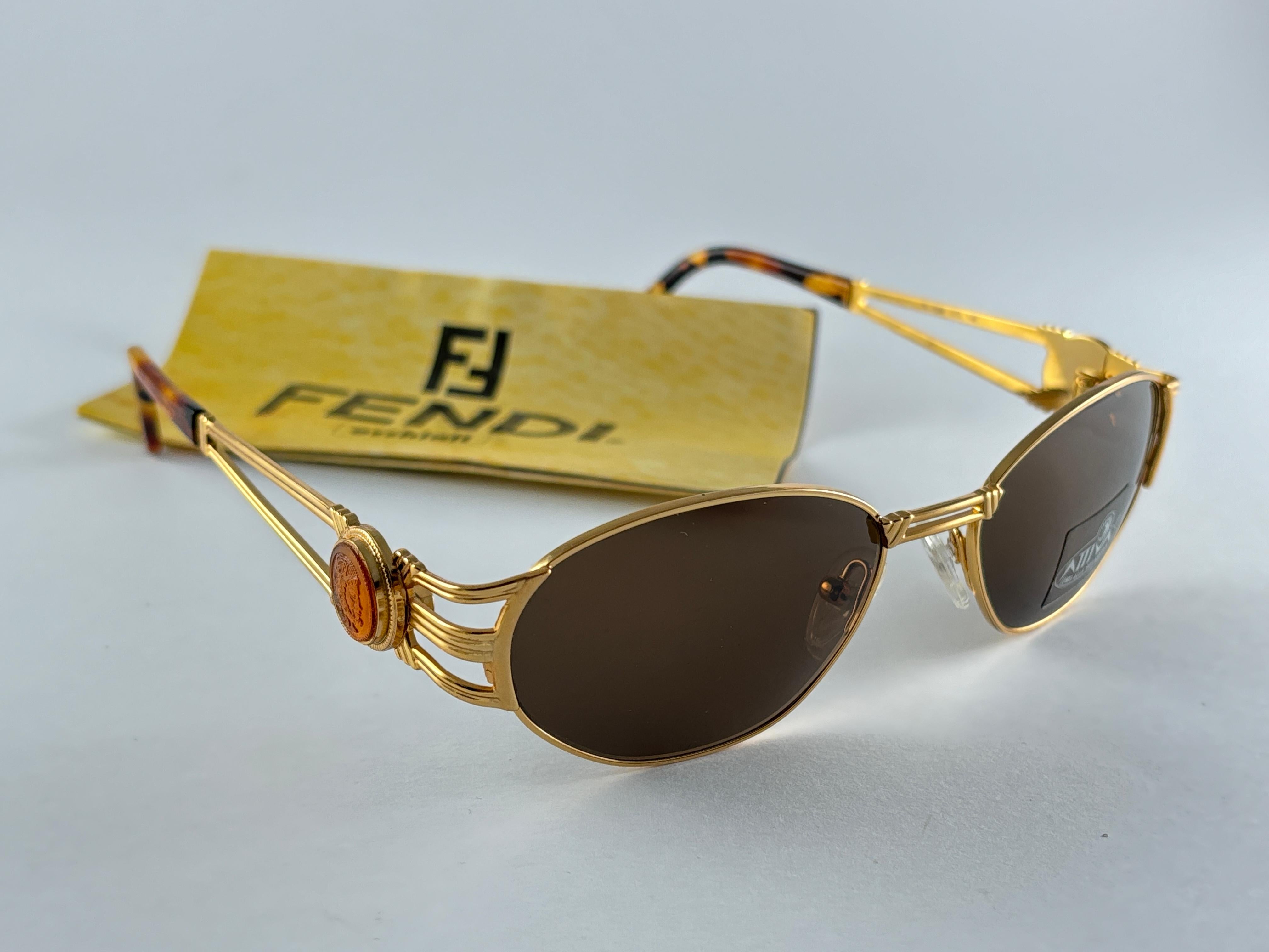 Marron New Vintage Fendi SL7036 Tortoise & Gold Oval 1990 Lunettes de soleil Made in Italy