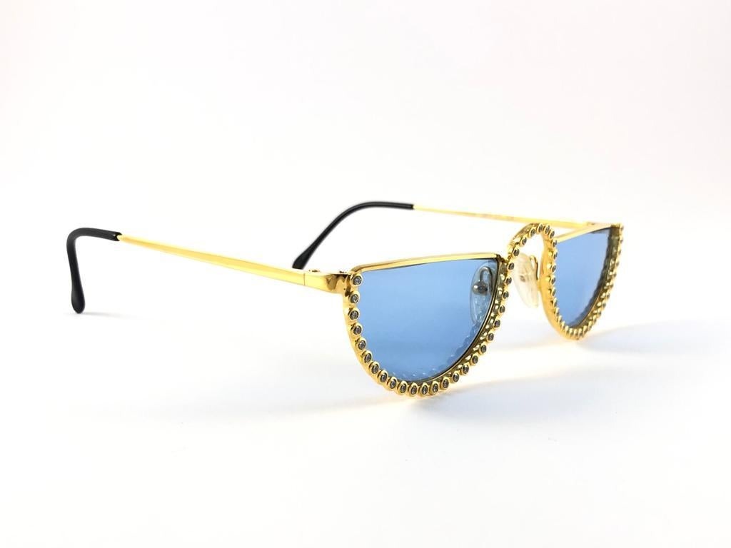 Blue New Vintage Gianfranco Ferré GF77 Rhinestones Round 1990 Italy Sunglasses For Sale