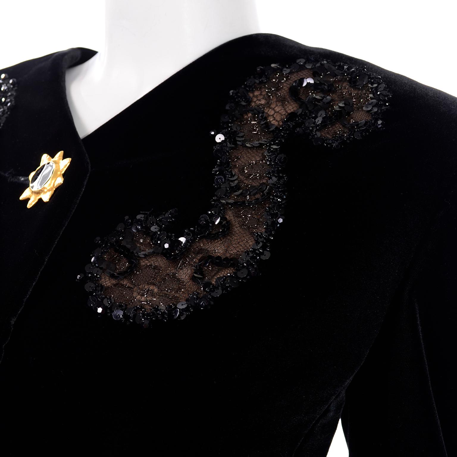 New Vintage Givenchy Couture Black Velvet Sequins & Lace Evening Suit w Tags For Sale 2