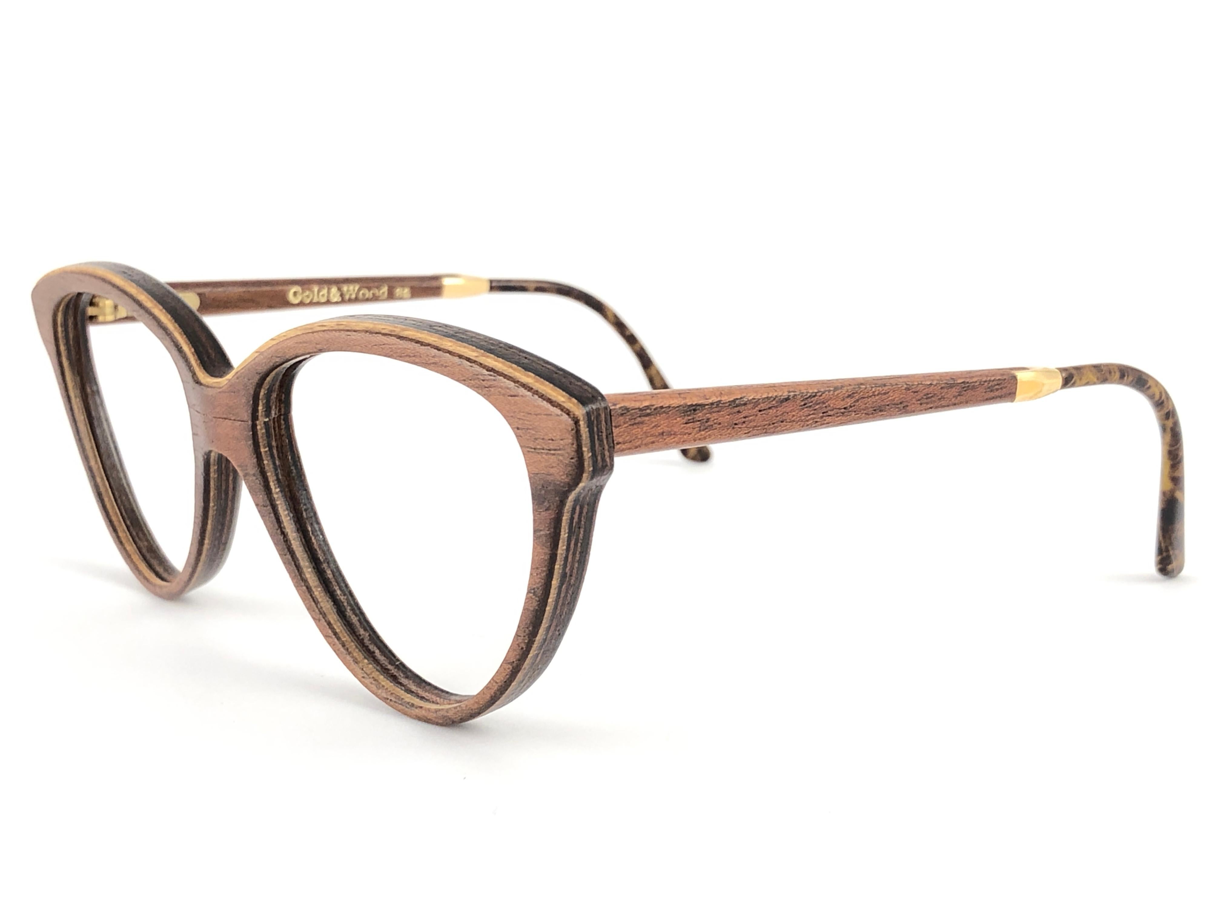 Women's or Men's New Vintage Gold & Wood Cat Eye 606003 Genuine RX Glasses 1980's France