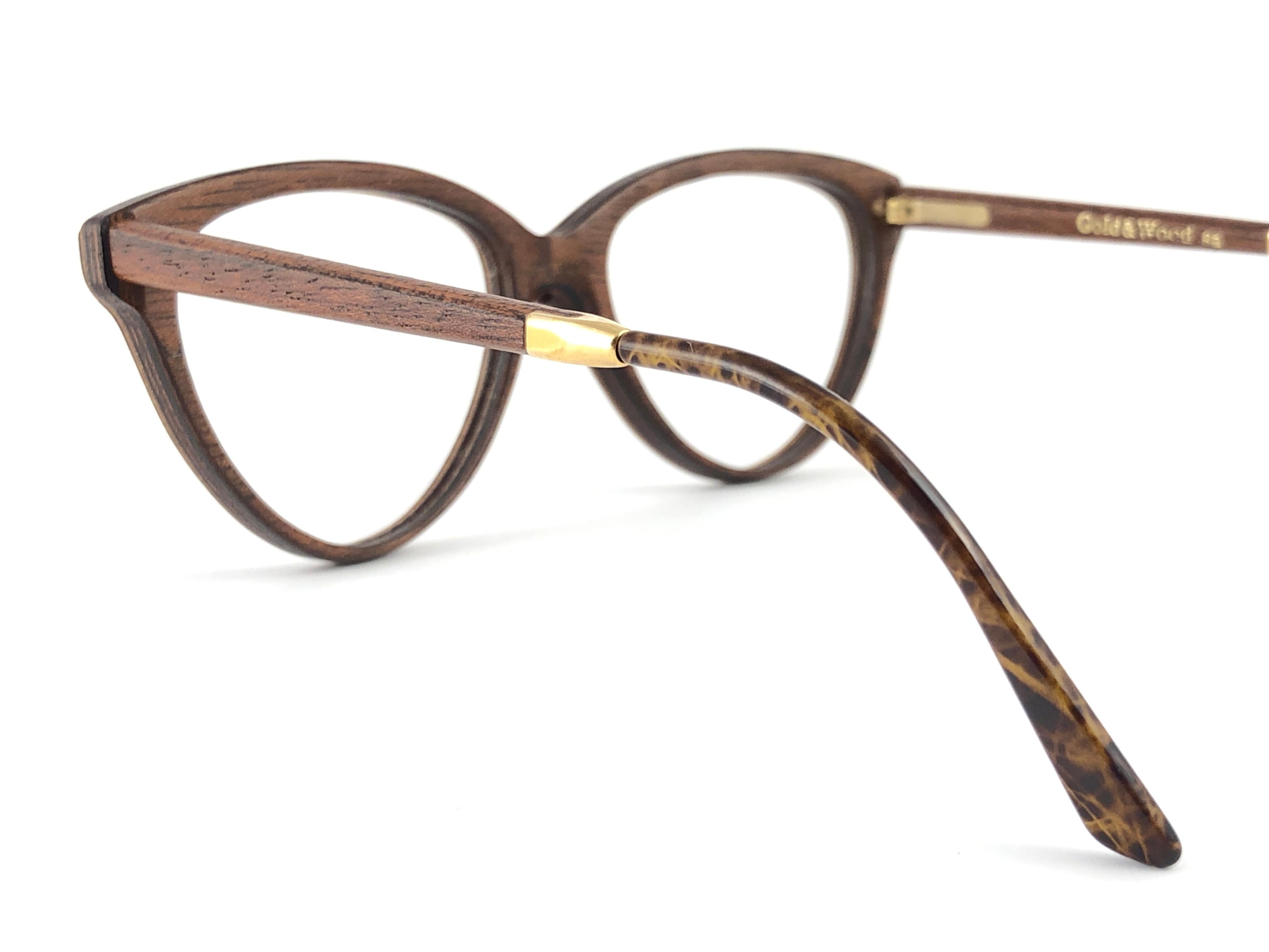 New Vintage Gold & Wood Cat Eye 606003 Genuine RX Glasses 1980's France 1