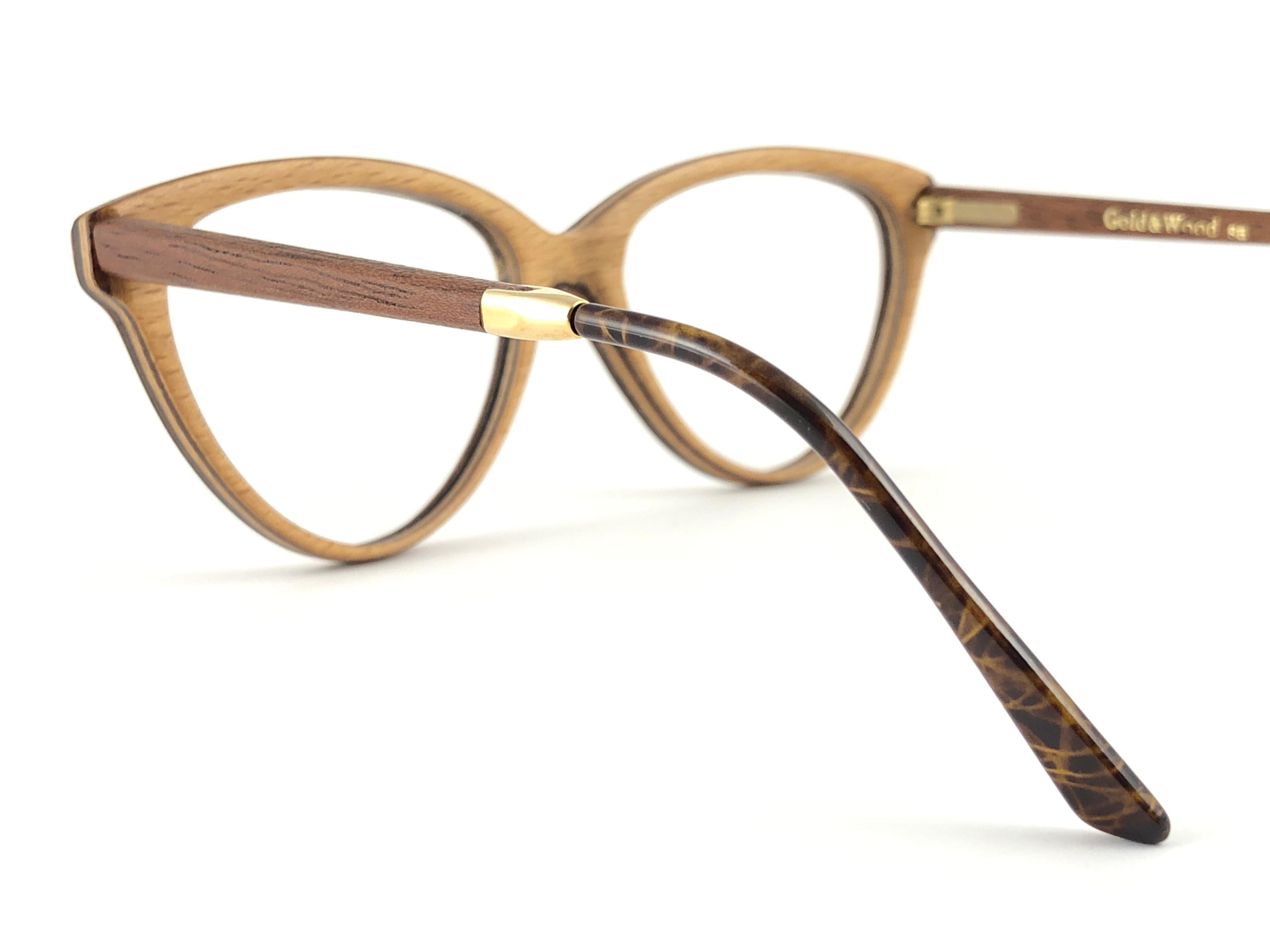 Women's or Men's New Vintage Gold & Wood Cat Eye 606006 Genuine RX Glasses 1980's France For Sale