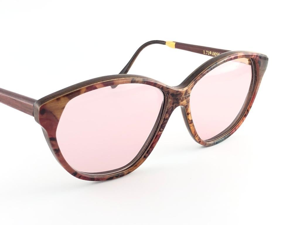 Gray New Vintage Gold & Wood Cat Eye Light Pink Lenses Sunglasses 1980's France For Sale
