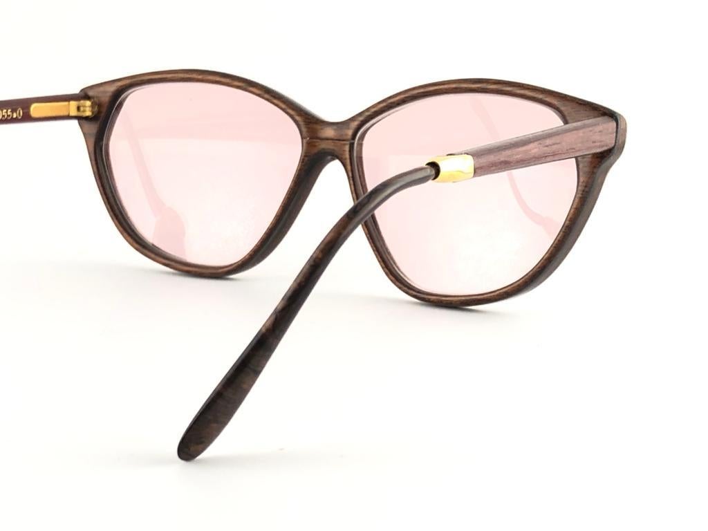New Vintage Gold & Wood Cat Eye Light Pink Lenses Sunglasses 1980's France For Sale 3