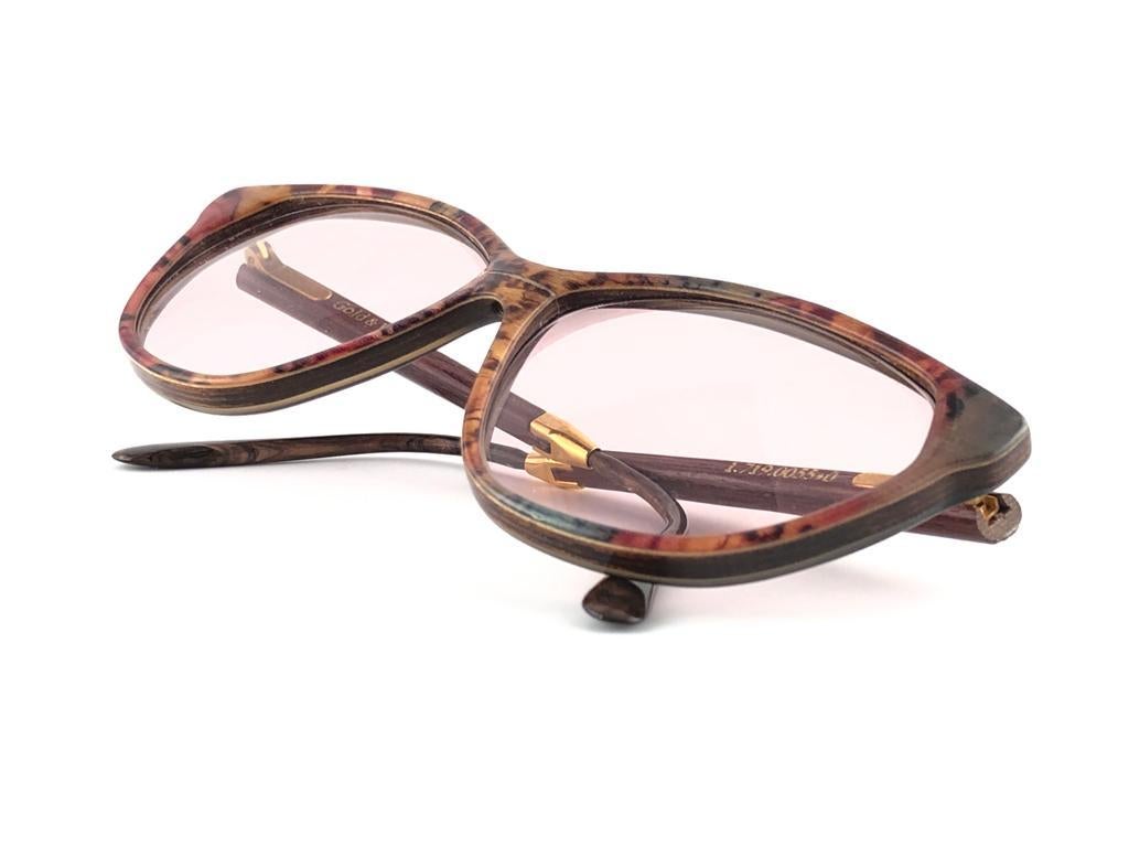 New Vintage Gold & Wood Cat Eye Light Pink Lenses Sunglasses 1980's France For Sale 4