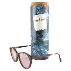 Nuovo Occhiali da sole vintage in oro e Wood Cat Eye con lenti rosa chiaro anni '80 Francia