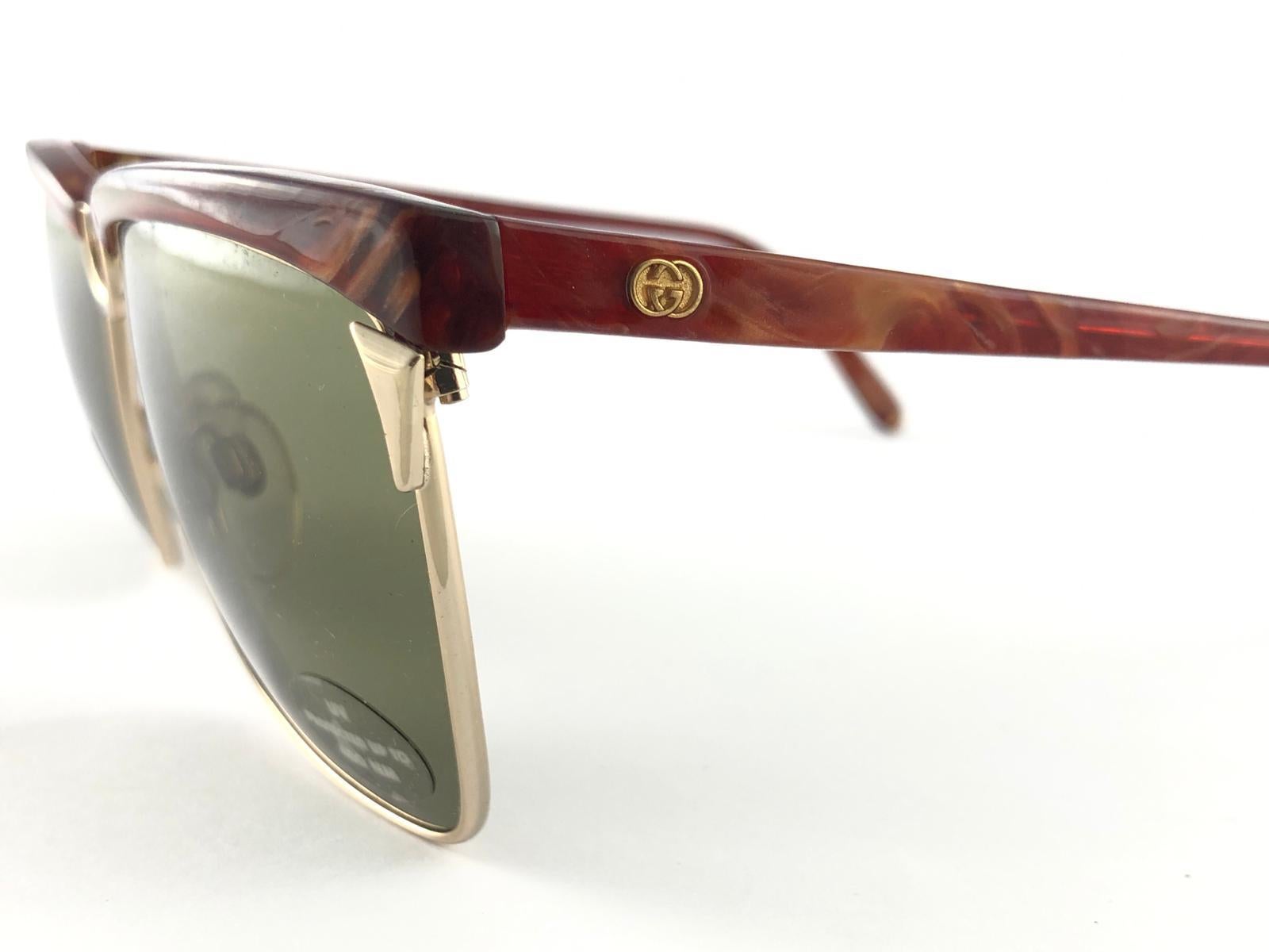 Brown New Vintage Gucci Gold & Marbled 2301/S Accents Sunglasses 1980's Made in Italy For Sale