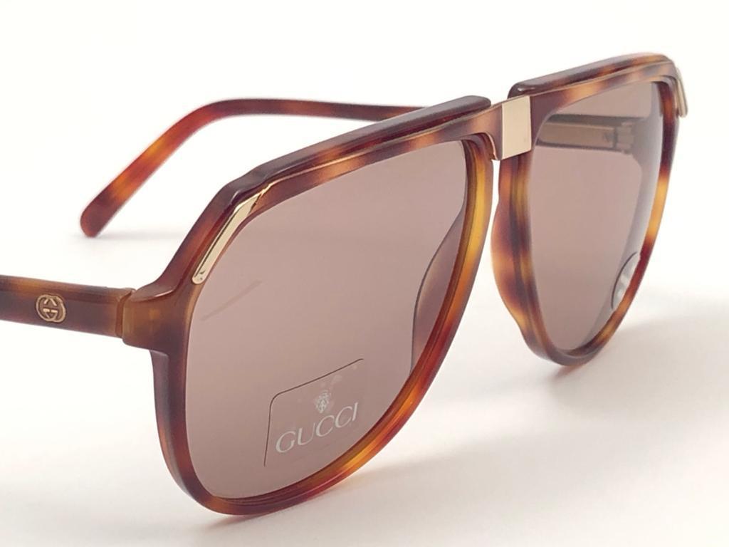 Brown New Vintage Gucci Tortoise Aviator Sunglasses 1980's Made in Italy