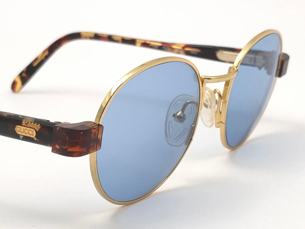 Blue New Vintage Gucci Tortoise & Gold Sunglasses 1980's Made in Italy