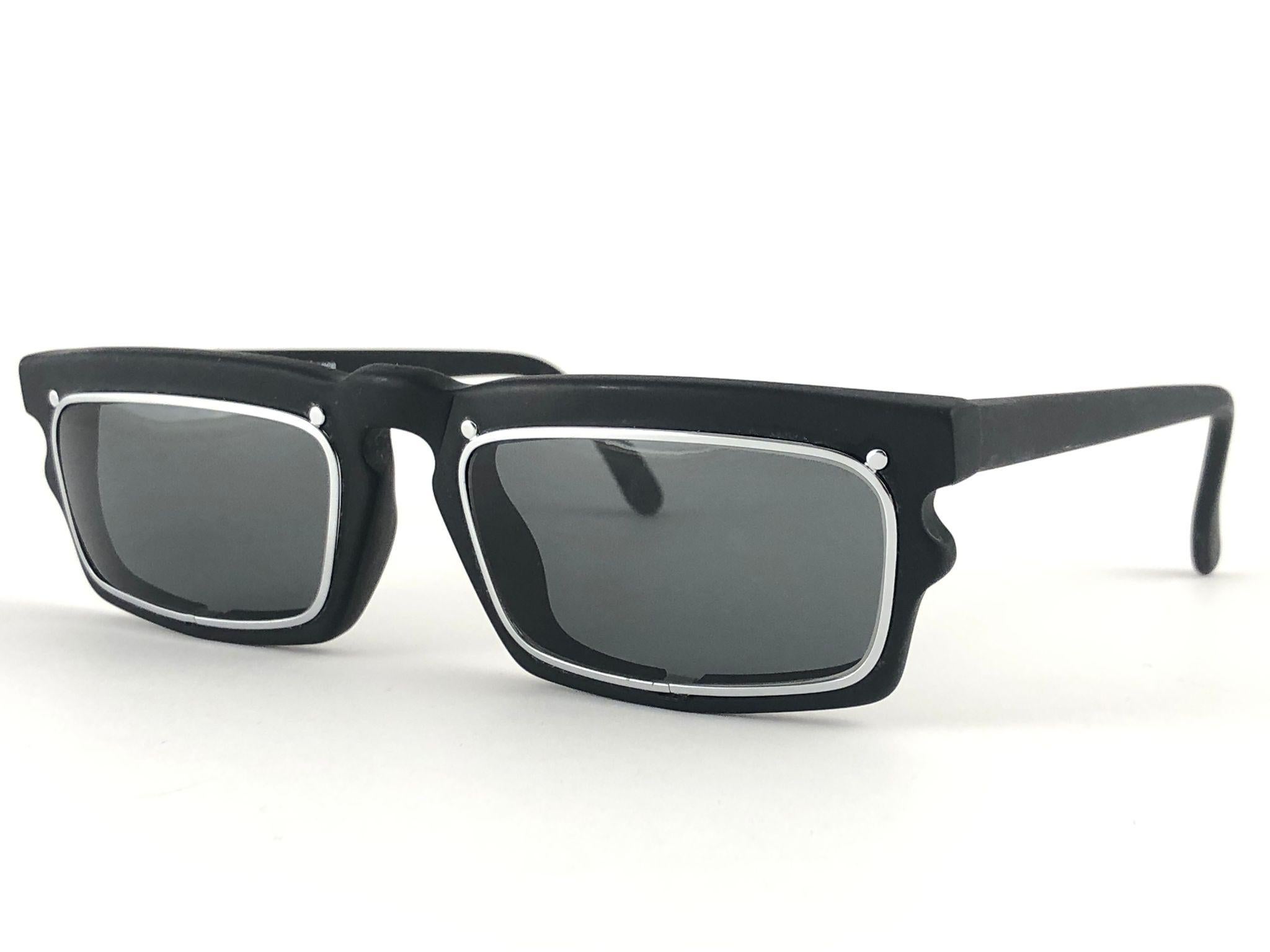Black New Vintage IDC 767 Rectangular Grey Lenses Sunglasses 1980's Made in France