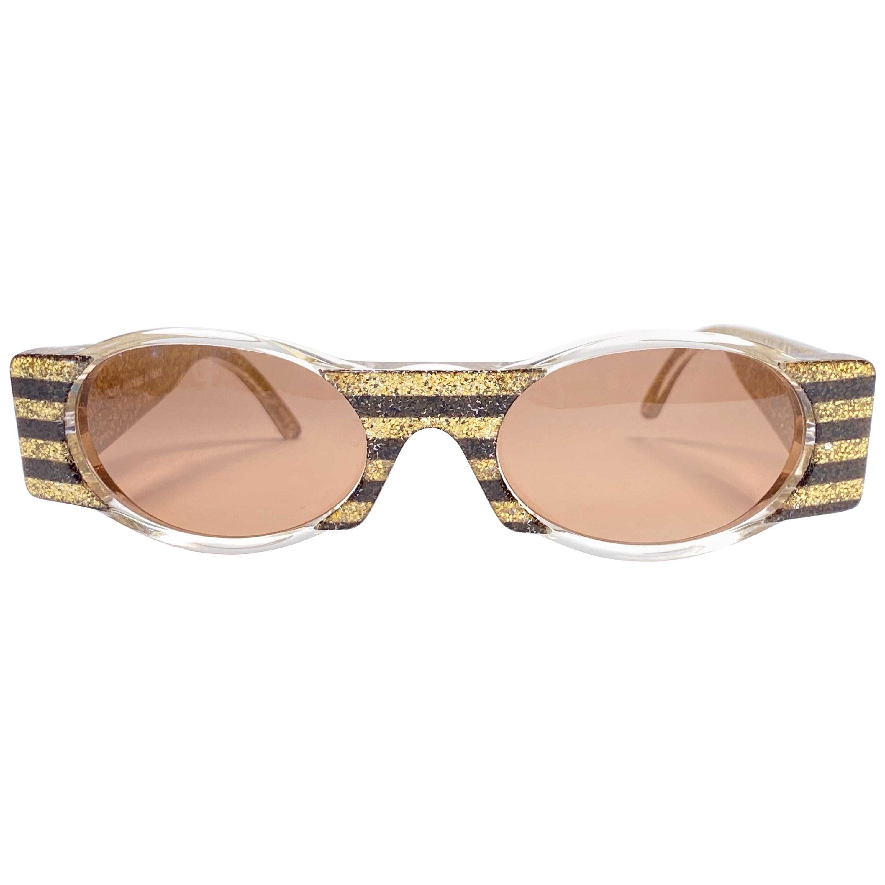 Neu Vintage IDC Lunettes 619 Schwarz & Gold Glitter Maske 1980er Jahre Sonnenbrille Frankreich im Angebot