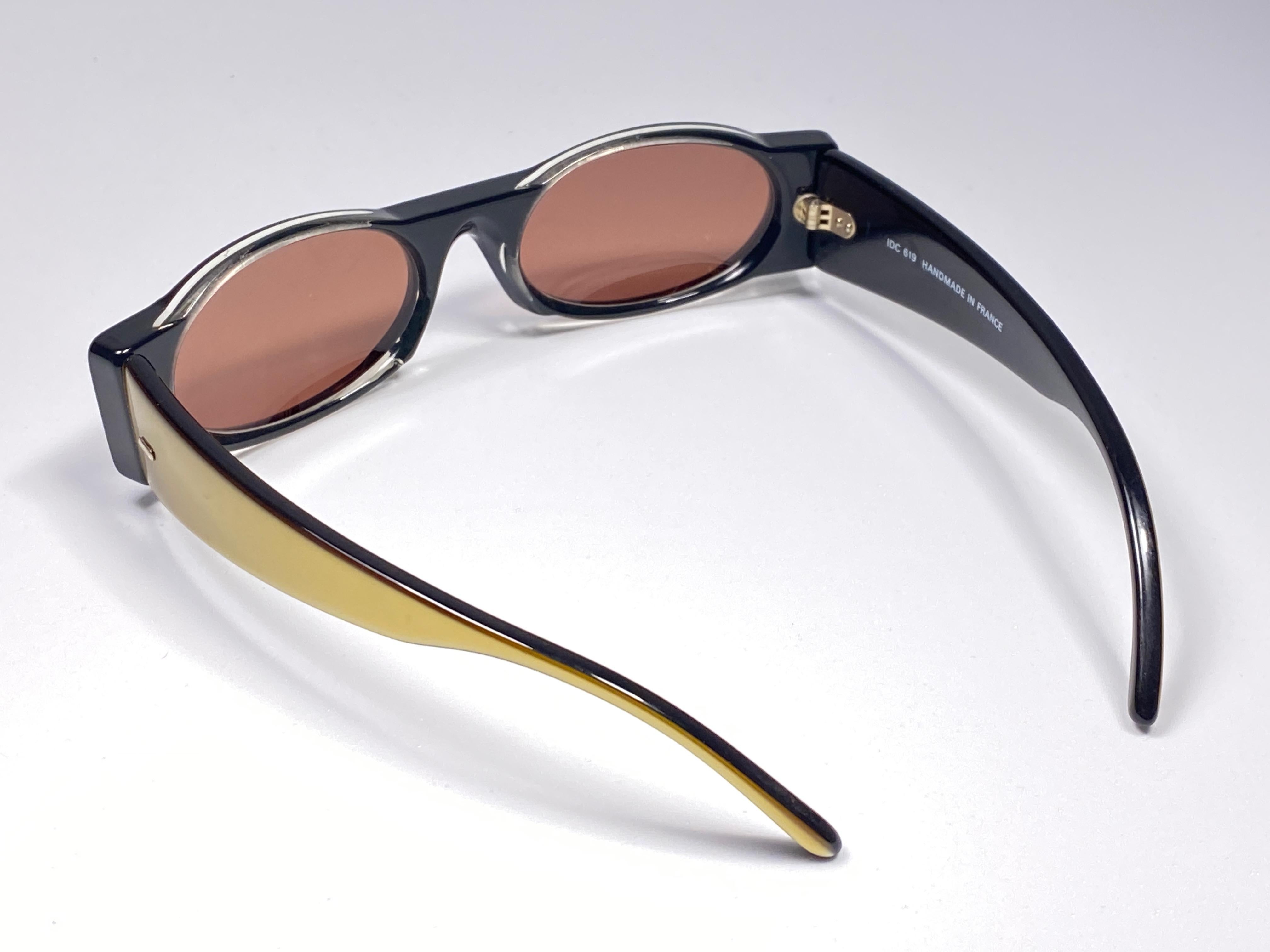 New Vintage IDC Lunettes 619 Black & Gold Mask 1980's Sunglasses France Unisexe en vente
