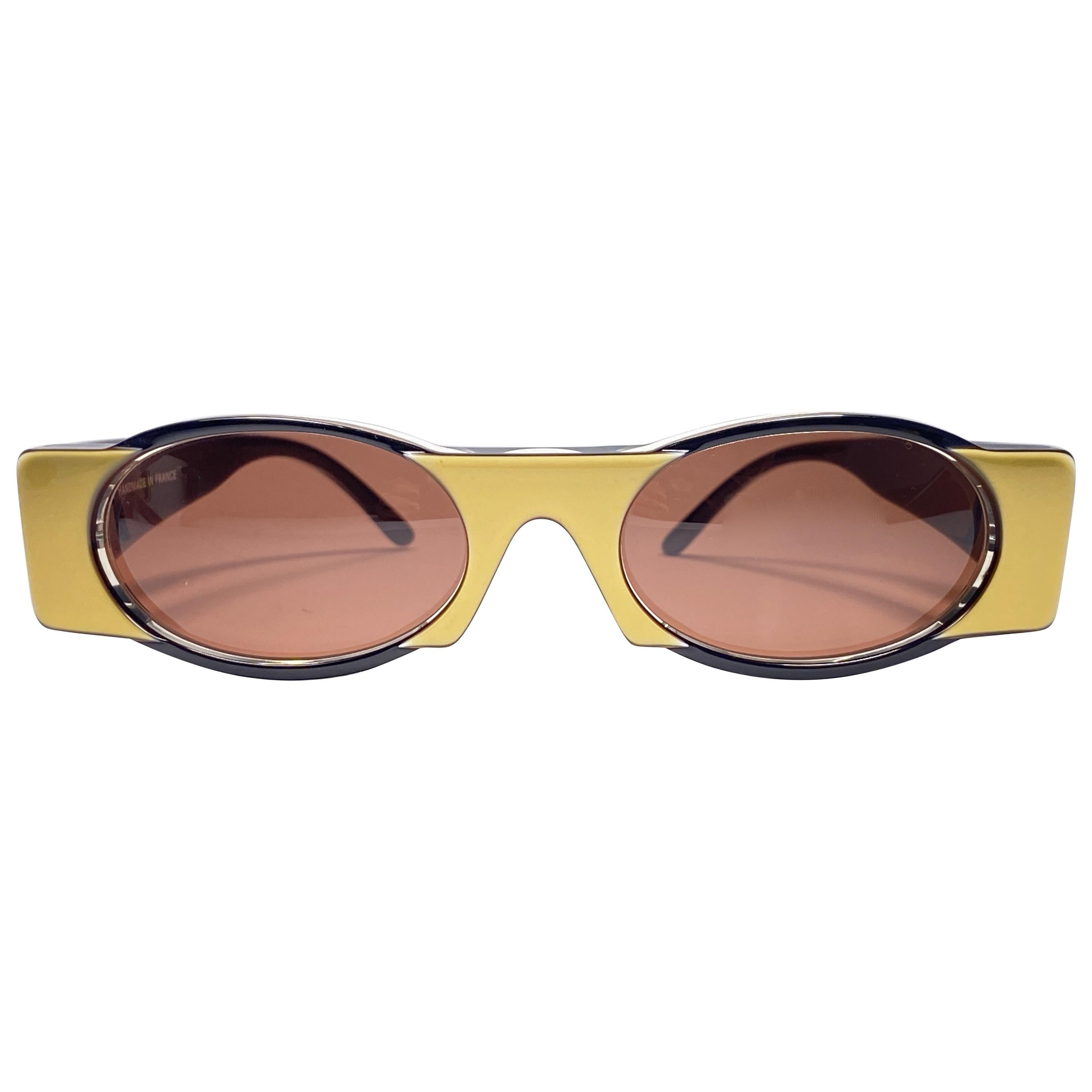 New Vintage IDC Lunettes 619 Black & Gold Mask 1980's Sunglasses France en vente