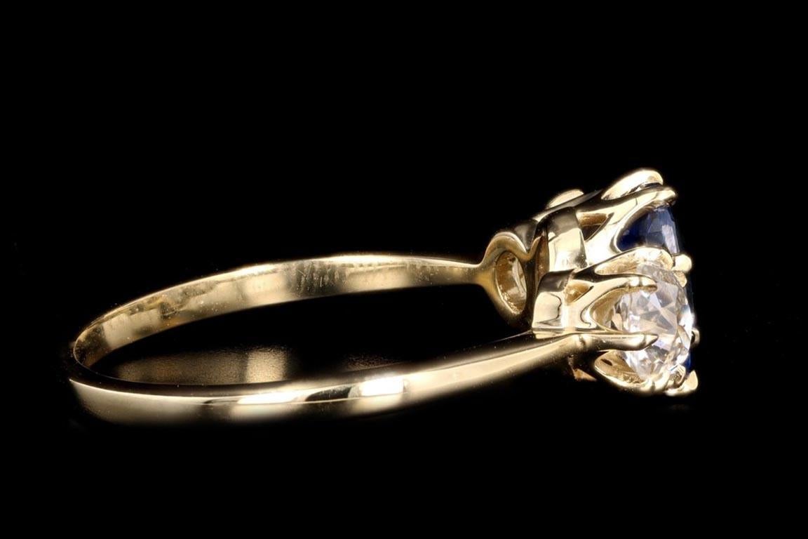 Old Mine Cut New Vintage Inspired 18K Yellow Gold Natural Sapphire and Old Mine Diamond Ring