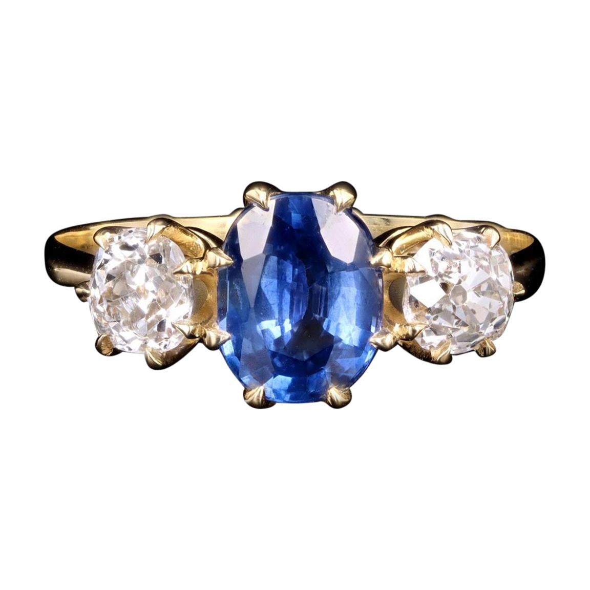 New Vintage Inspired 18K Yellow Gold Natural Sapphire and Old Mine Diamond Ring