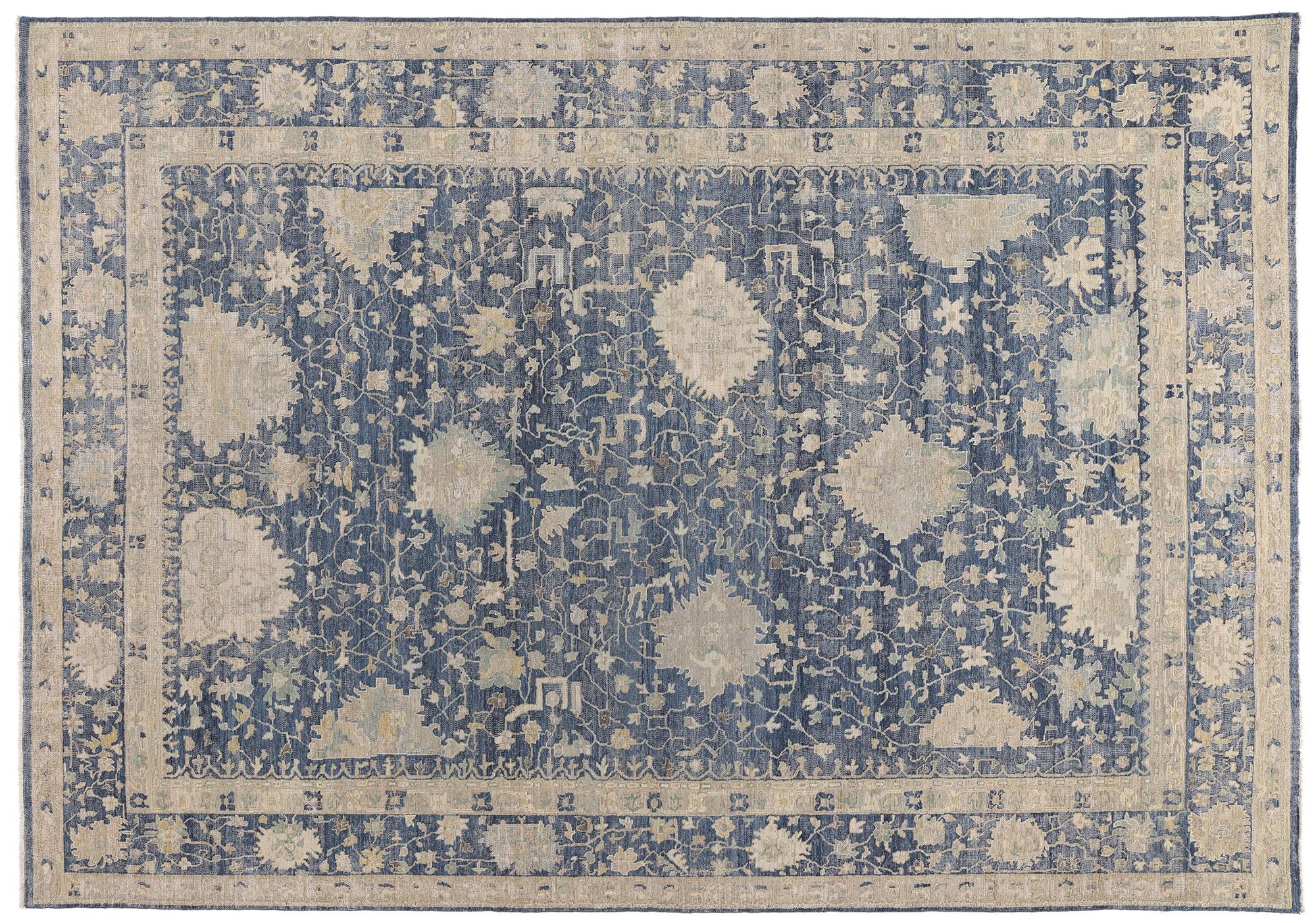New Modern Blue Distressed Oushak Rug with Traditional Style For Sale 4
