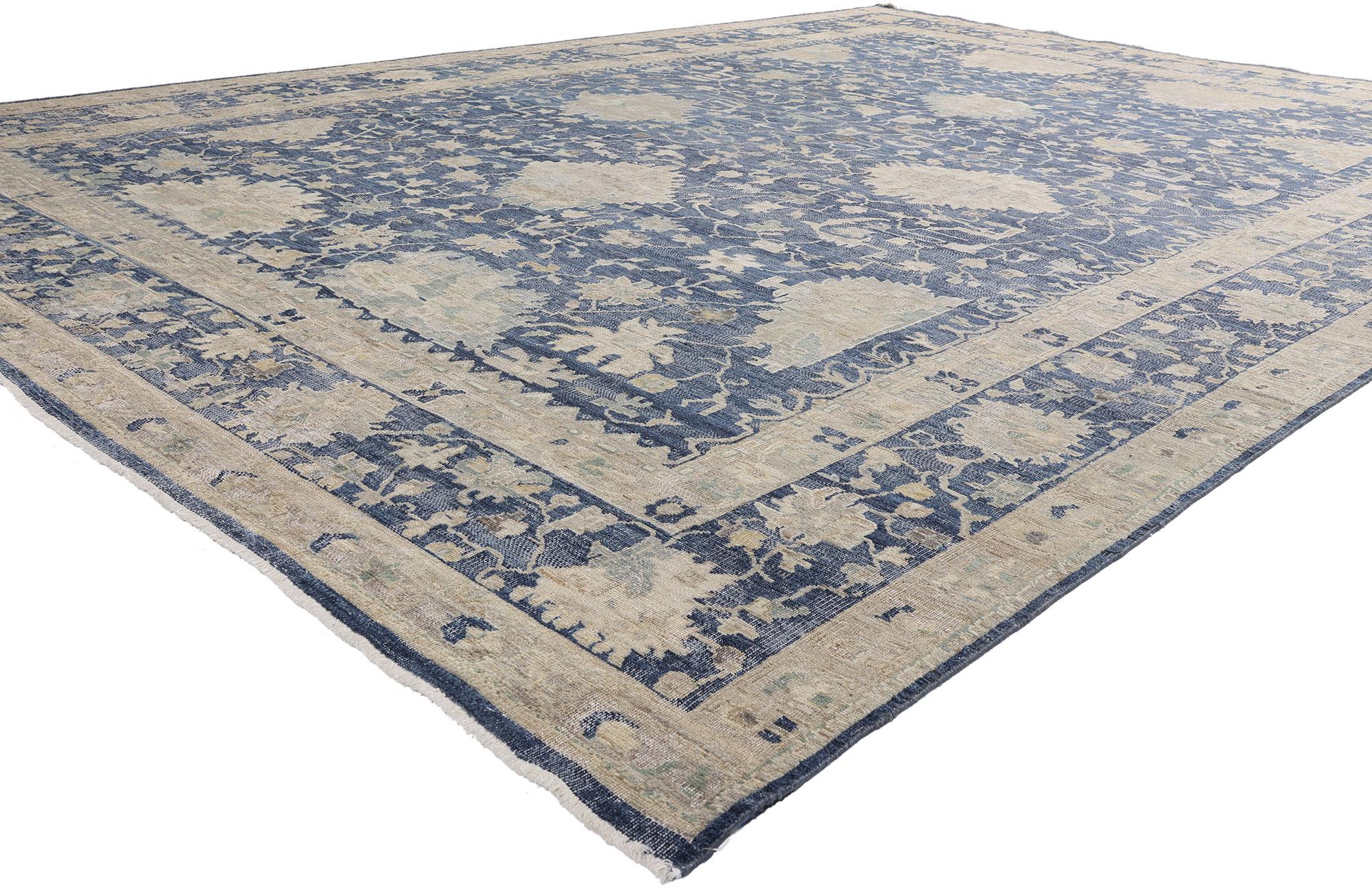 30711 New Modern Oushak Rug, 09'08 x 13'09. Bathed in the twilight hues of regal indigo and soft alabaster, this hand-knotted wool Oushak rug from India is a vision of rarefied elegance and timeless prestige. Woven by master artisans who carry