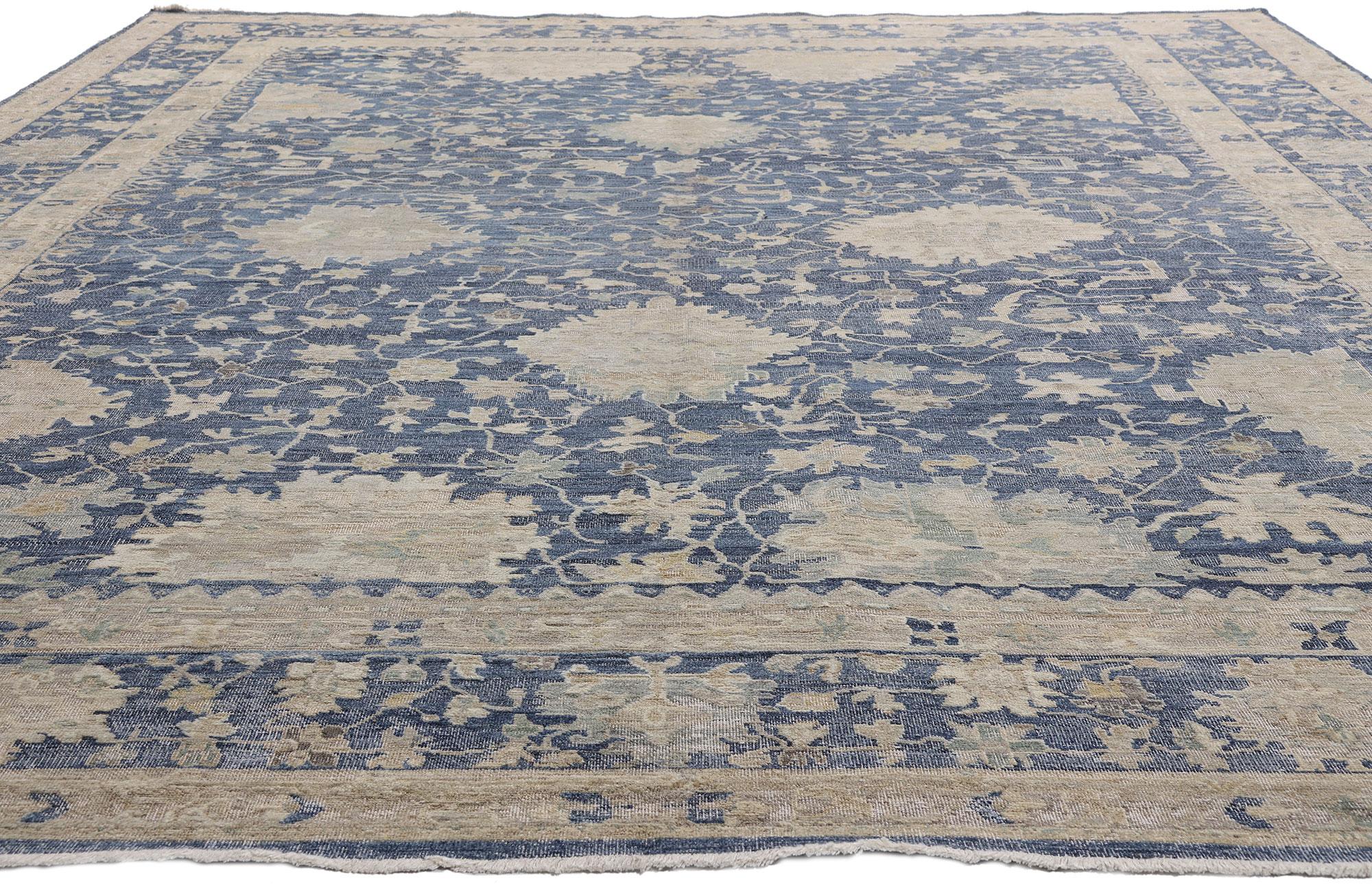 Indian New Modern Blue Distressed Oushak Rug with Traditional Style For Sale