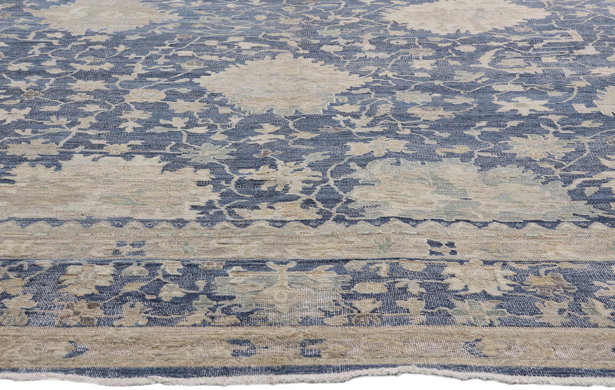Hand-Knotted New Modern Blue Distressed Oushak Rug with Traditional Style For Sale
