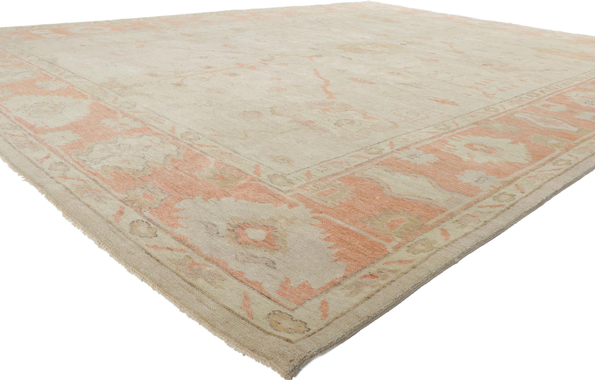 30108 New vintage-inspired Oushak rug, 10'04 x 13'07. With its timeless style, incredible detail and texture, this hand knotted wool vintage style Oushak rug is a captivating vision of woven beauty. The transitional design and soft colorway woven