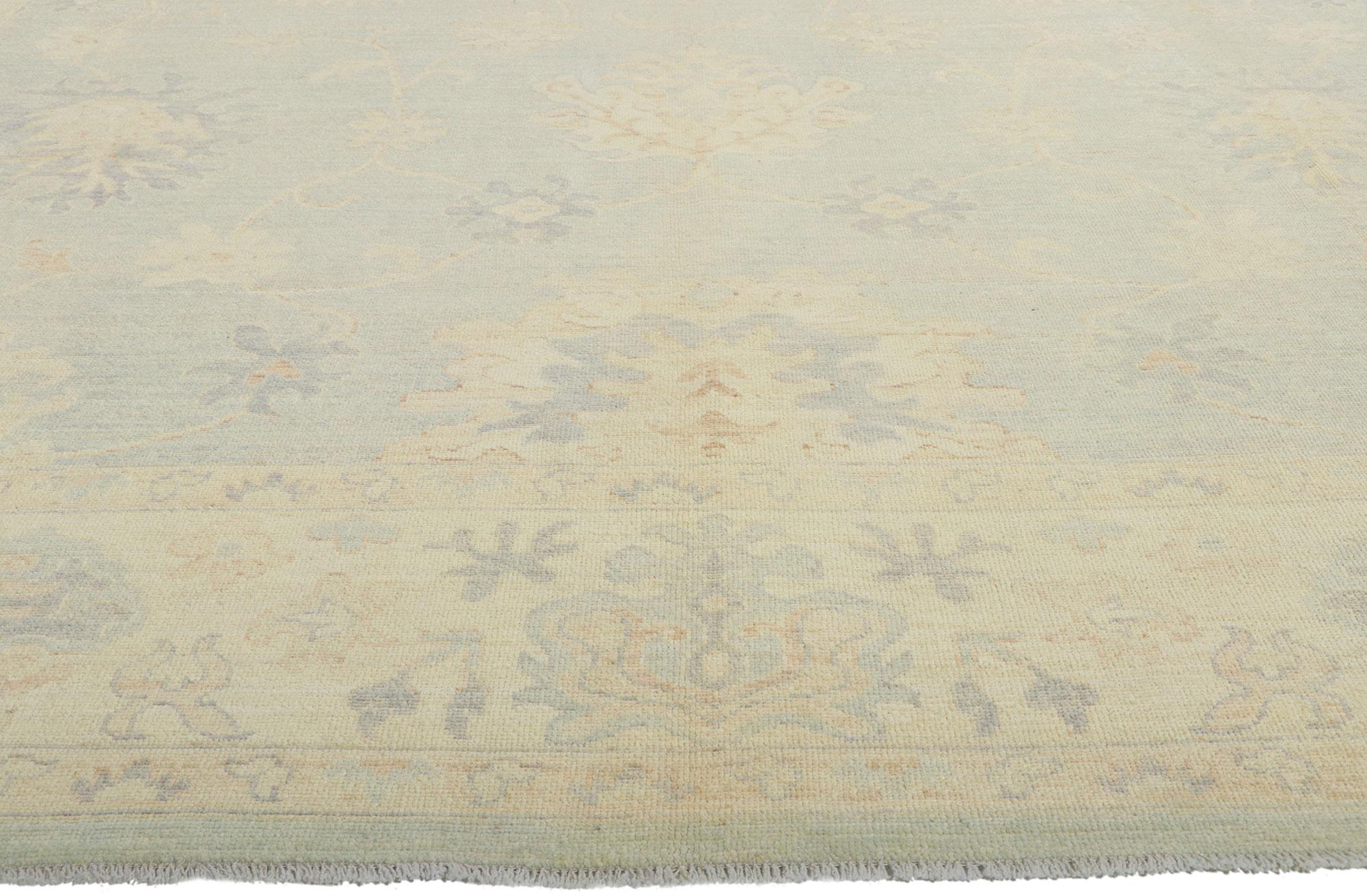 Hand-Knotted New Vintage-Inspired Oushak Rug with Light and Airy Color Palette For Sale