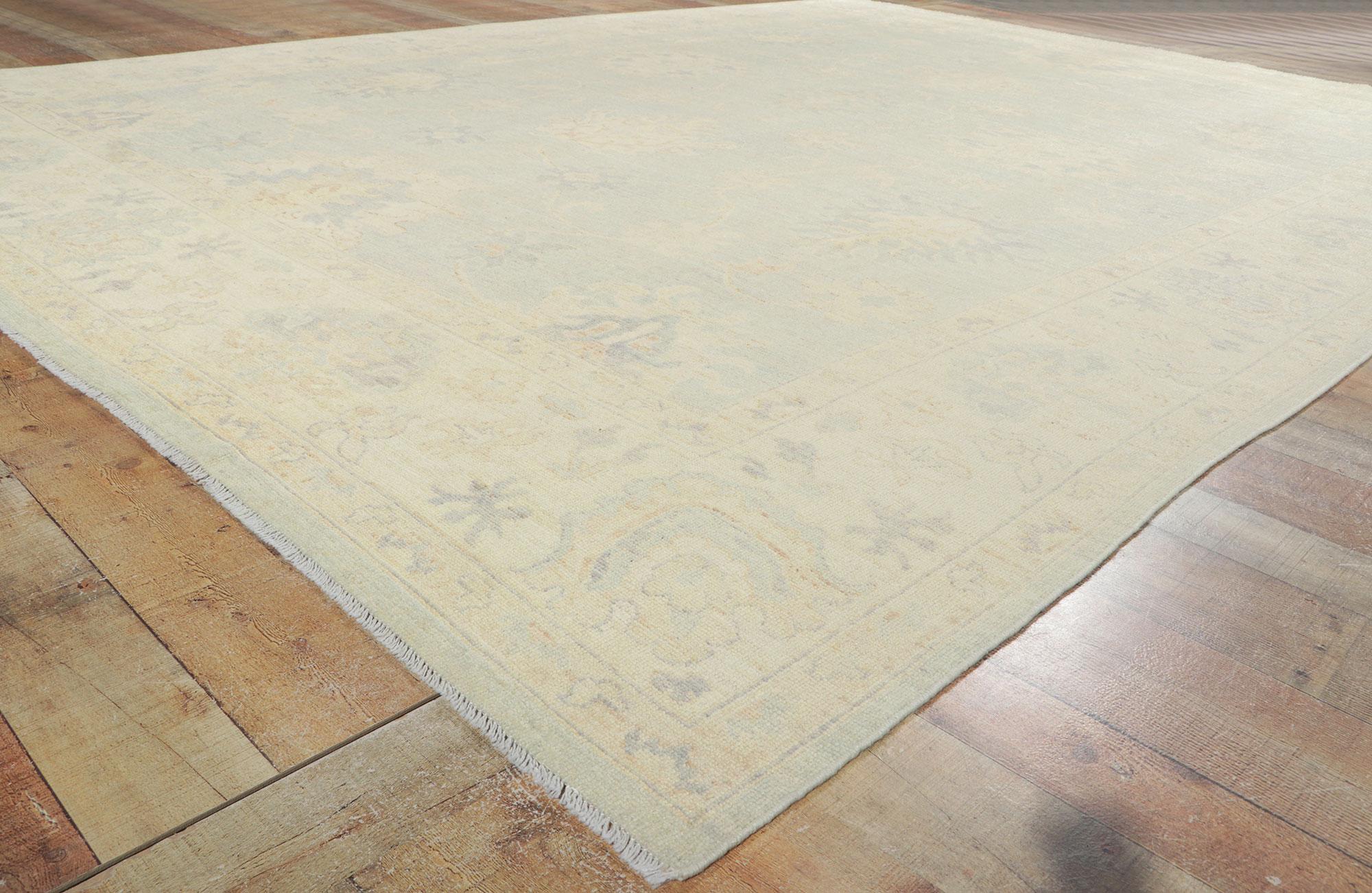 Wool New Vintage-Inspired Oushak Rug with Light and Airy Color Palette For Sale