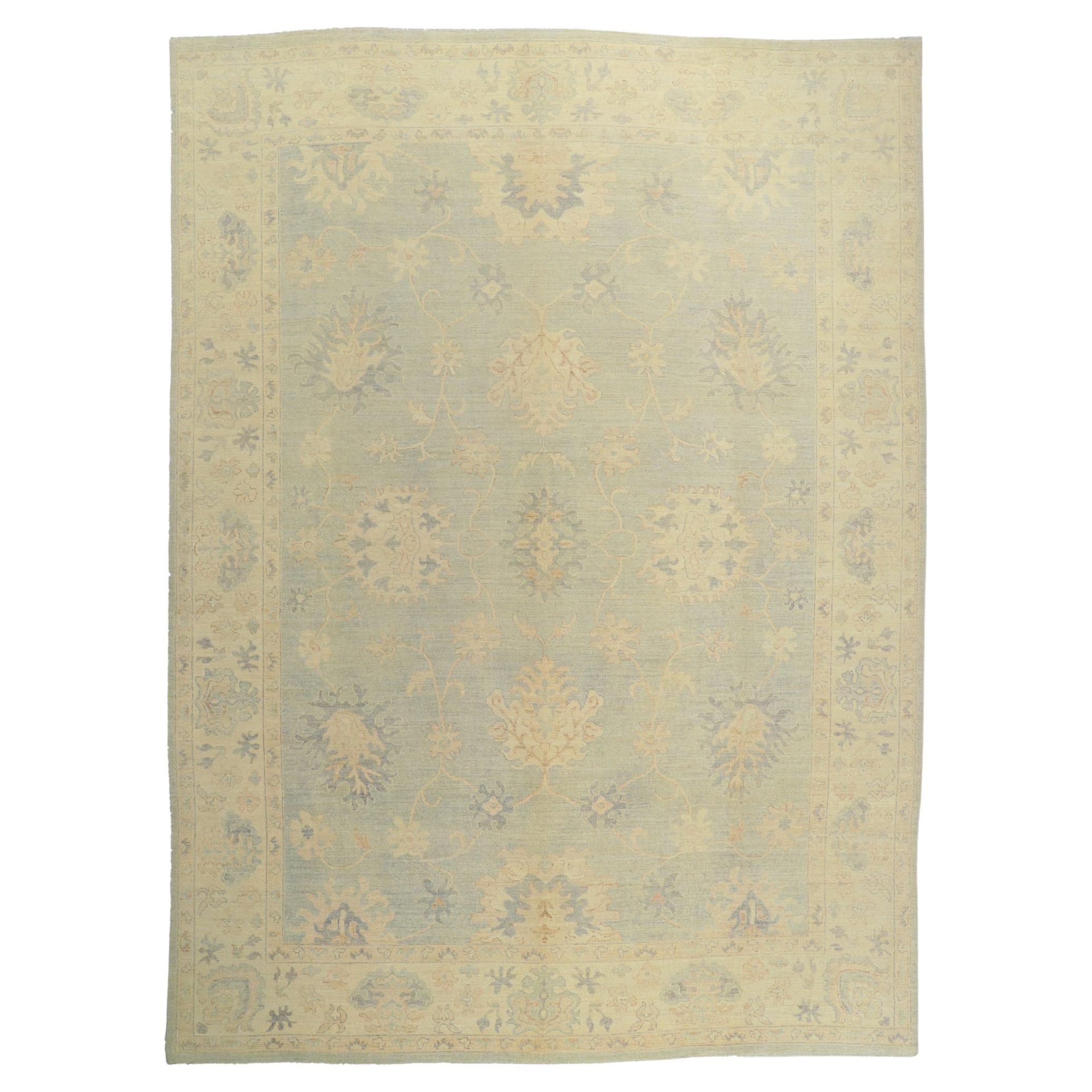 New Vintage-Inspired Oushak Rug with Light and Airy Color Palette For Sale