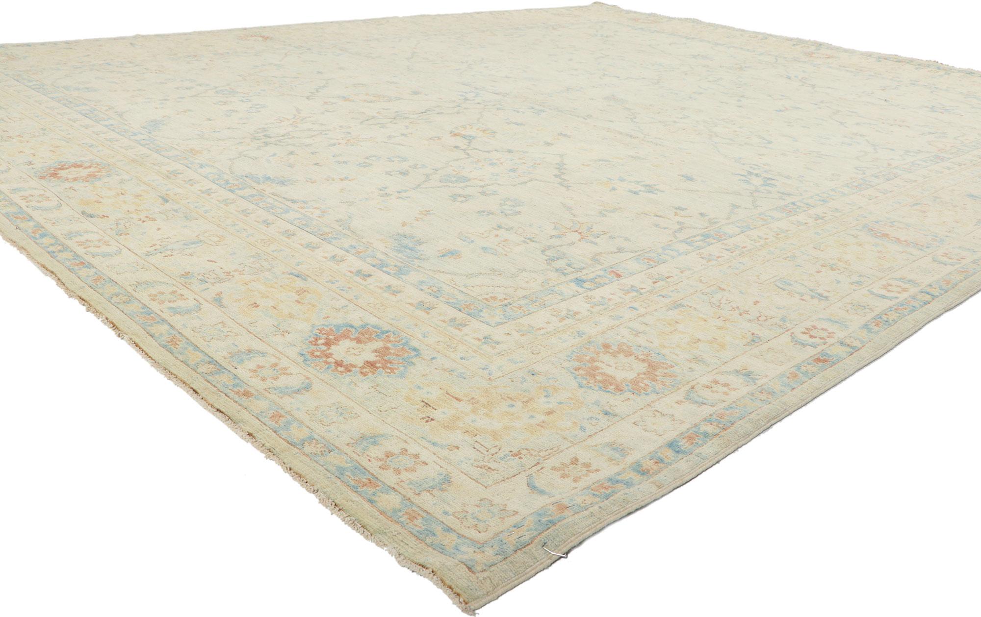 80945 New Contemporary Oushak Rug with Modern Style. Serene and sophisticated, this hand-knotted wool contemporary Oushak rug beautifully embodies a modern style. The composition features an all-over botanical pattern composed of amorphous organic