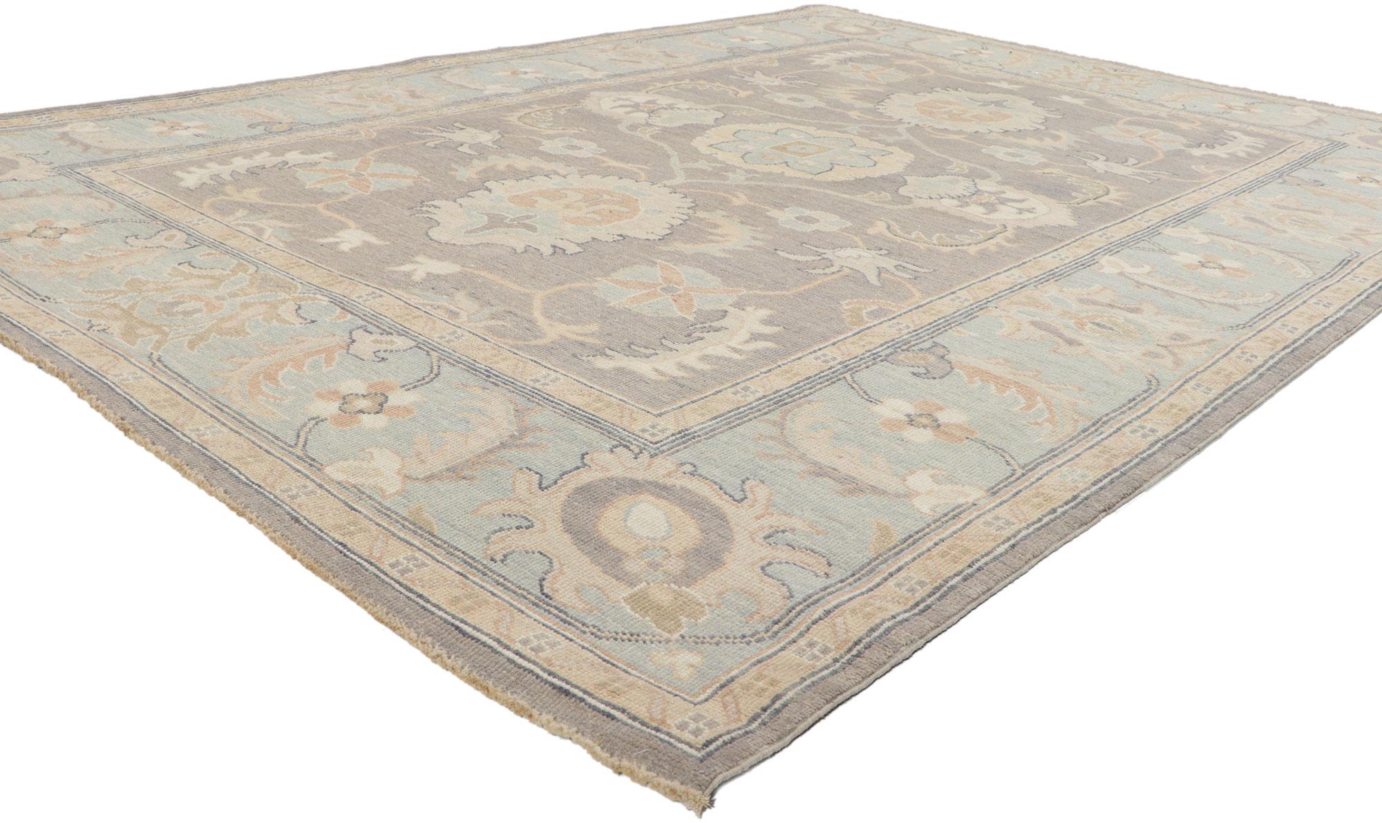 80941 New Vintage-Inspired Oushak Rug with Soft Colors 06'02 x 08'10.
Serene and sophisticated, this hand-knotted wool vintage-inspired Oushak rug beautifully embodies a modern style. The composition features an all-over botanical pattern composed