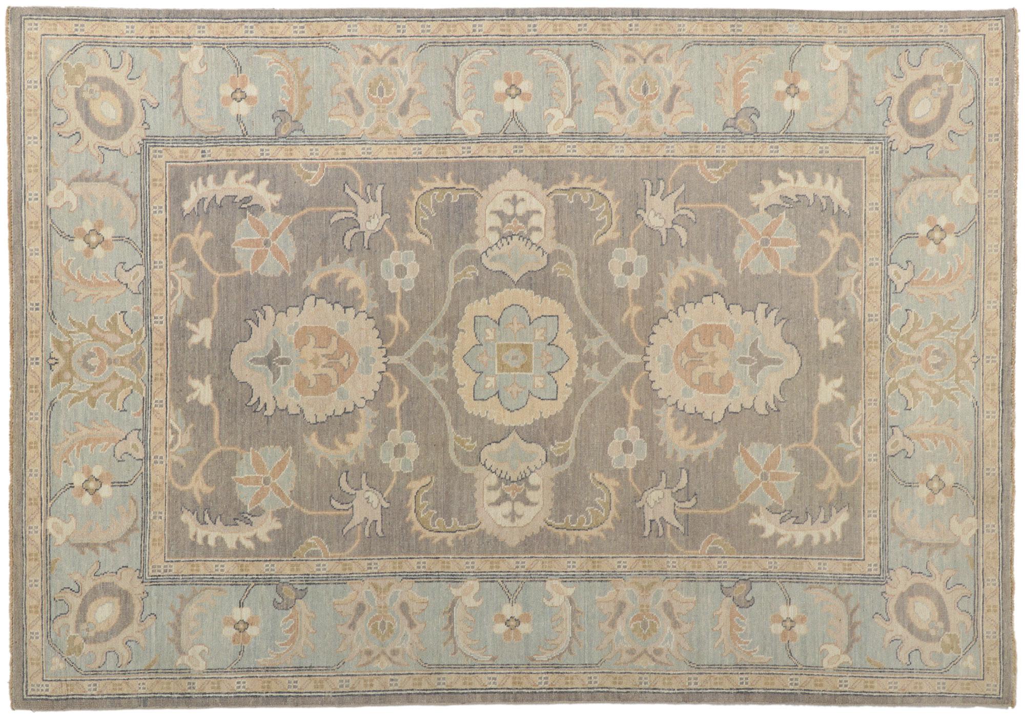 Wool New Modern Earth-Tone Oushak Rug with Transitional Style For Sale