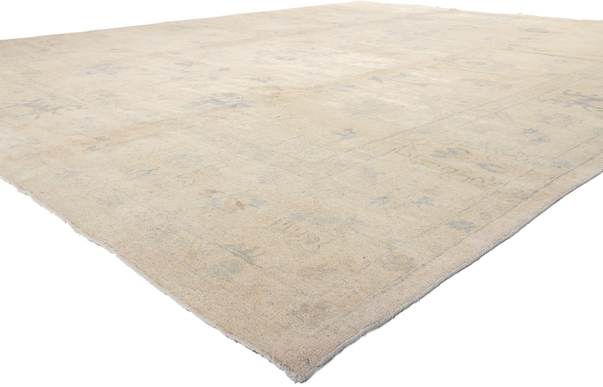 30196 New Vintage-Inspired Oushak Rug with Soft Colors, 11'10 x 14'11.
Blending vintage charm with elements from the modern world, this hand knotted wool modern Oushak area rug beautifully balances new and old. The faded botanical design and soft