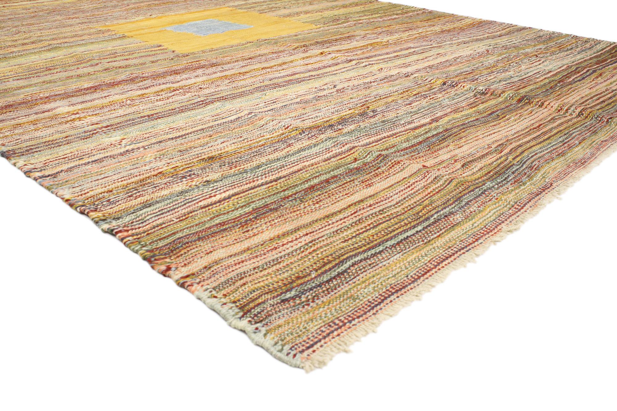 52210 New Vintage-Inspired Turkish Kilim Rug, 08'05 x 12'05.
Reflecting elements of Wabi-Sabi with incredible detail and texture, this handwoven vintage style Turkish kilim rug will take on a curated lived-in look that feels timeless while imparting