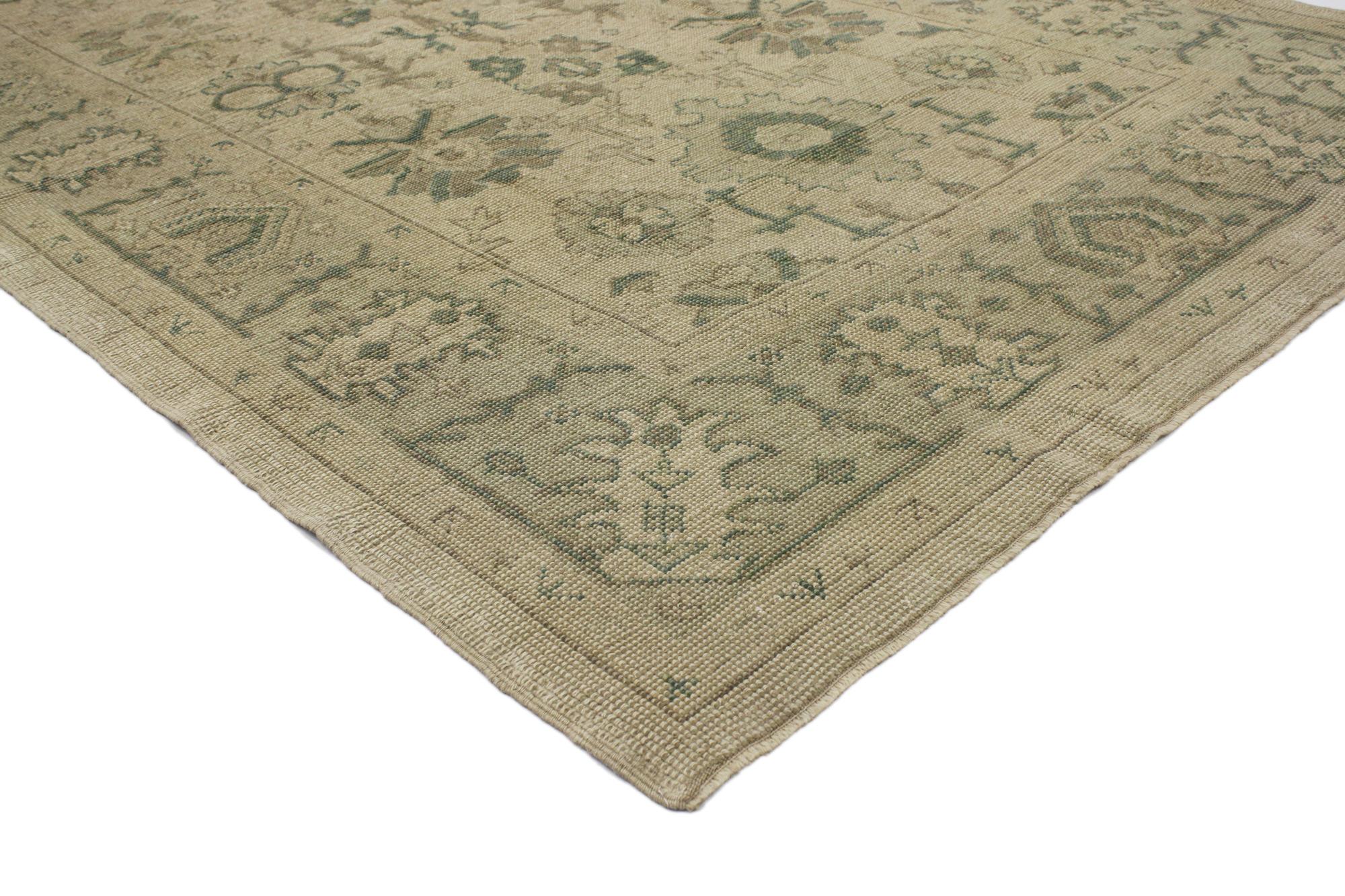 51632 New Vintage-Inspired Turkish Oushak Rug with Earth-Tone Colors, 05’07 x 09’00. Emanating timeless style with incredible detail and texture, this hand knotted wool vintage style Turkish Oushak rug is a captivating vision of woven beauty. The