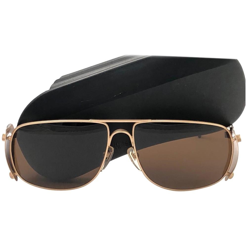 New Vintage Issey Miyake IM 102 Hinged Gold Matte 1985 Japan Sunglasses For Sale