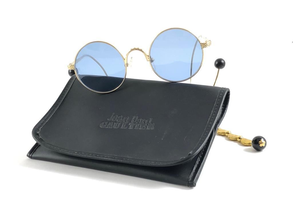 Black New Vintage Jean Paul Gaultier 55 9673 Gold Plated Jewel Sunglasses 1990's Japan For Sale