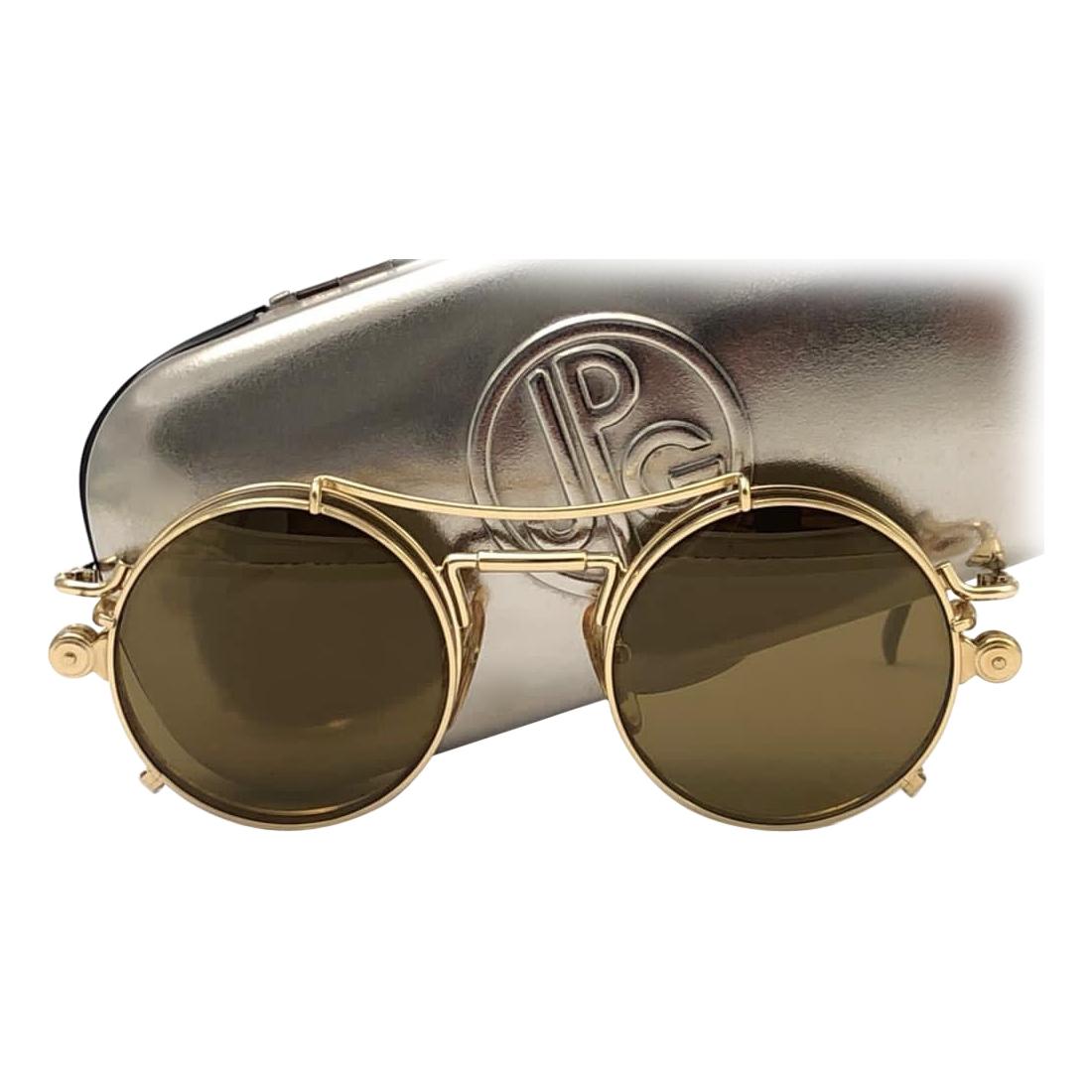 New Vintage Jean Paul Gaultier 56 9173 Gold Removable Clip Sunglasses 1990 Japan