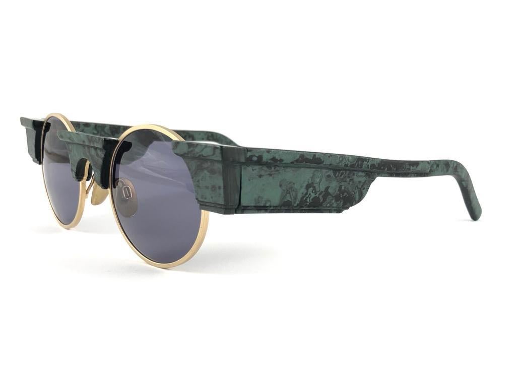 New Vintage Karl Lagerfeld L3802 Round Marble Gold 80's Germany Sunglasses For Sale 2
