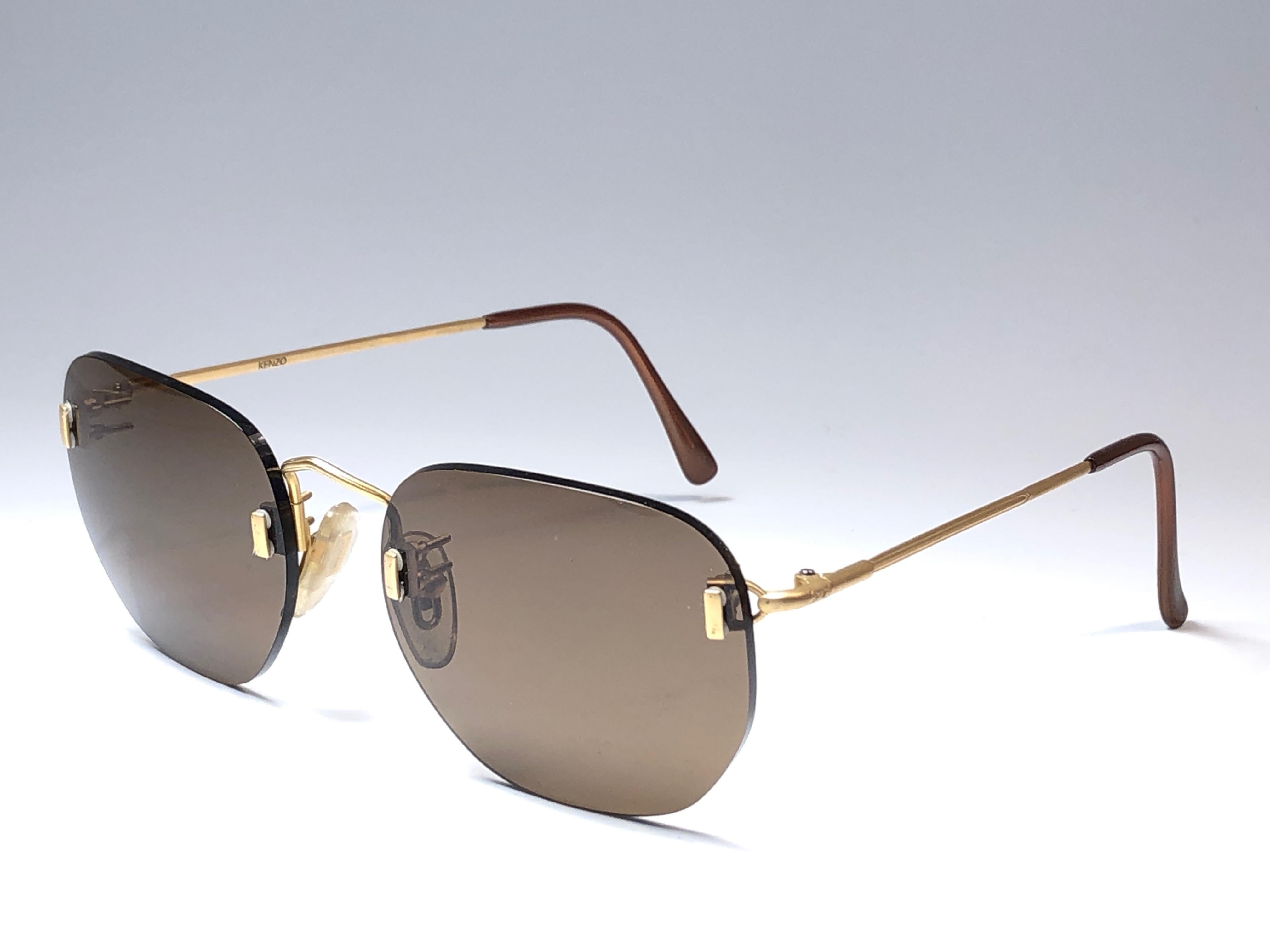 Gris Lunettes de soleil Kenzo « Everest » vintage sans monture à lunettes marron doré, années 1980, neuves en vente