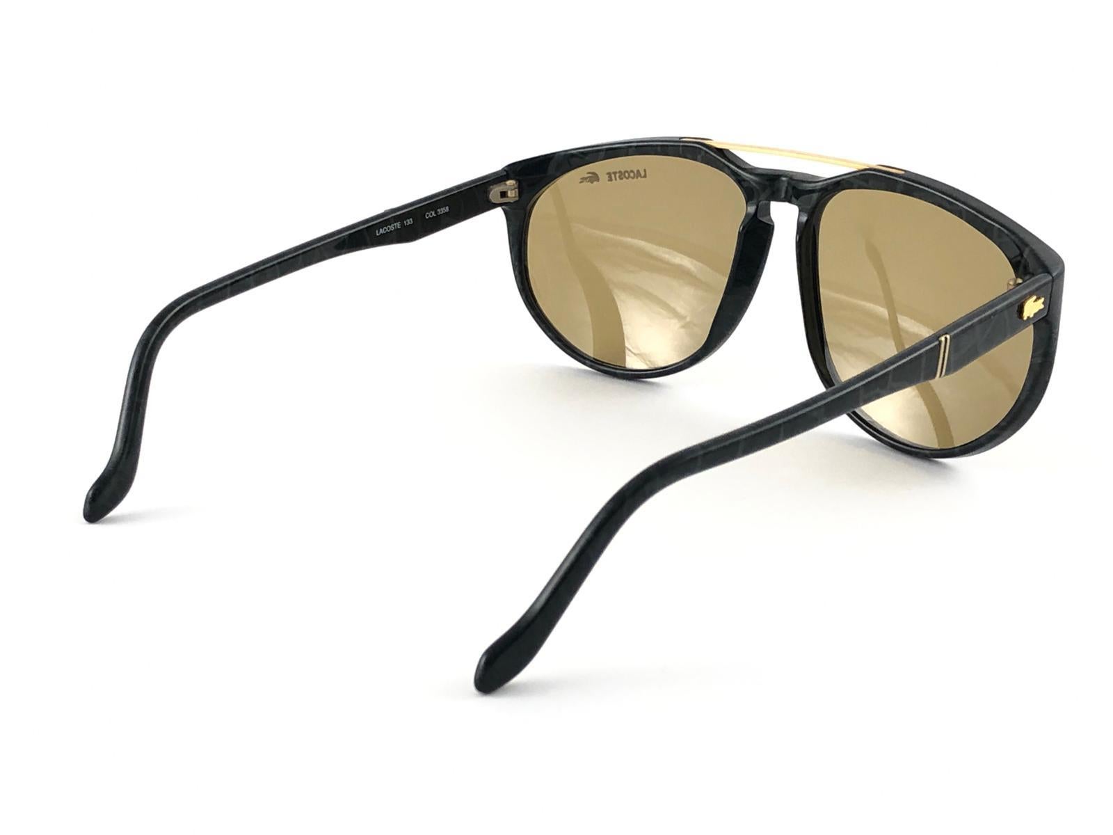 Black New Vintage Lacoste 133 Green & Gold Accents 1980's Sunglasses Made in France  For Sale