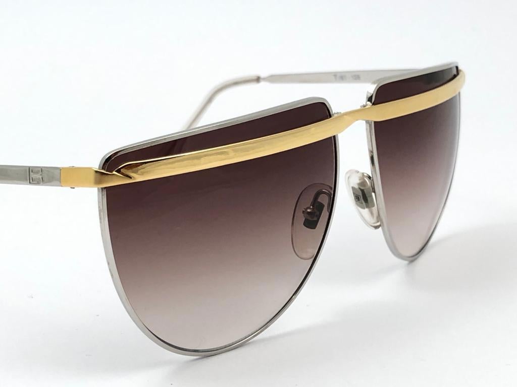 Neu Vintage Laura Biagiotti T61 übergroße Sonnenbrille in Silber & Gold 1980 Italien 1