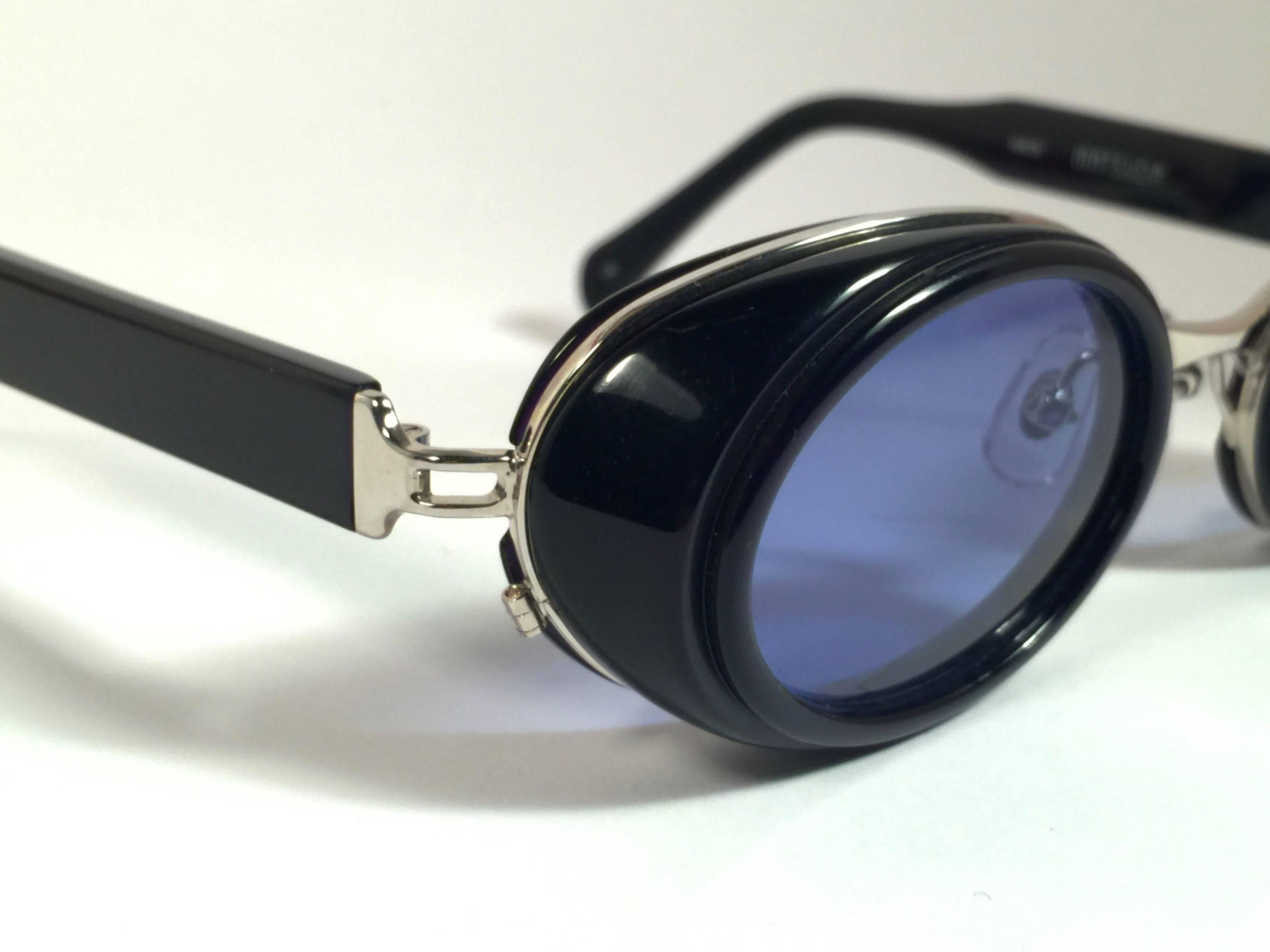 Black New Vintage Matsuda 10615 Dark Blue & Silver Oval 1990 Made in Japan Sunglasses