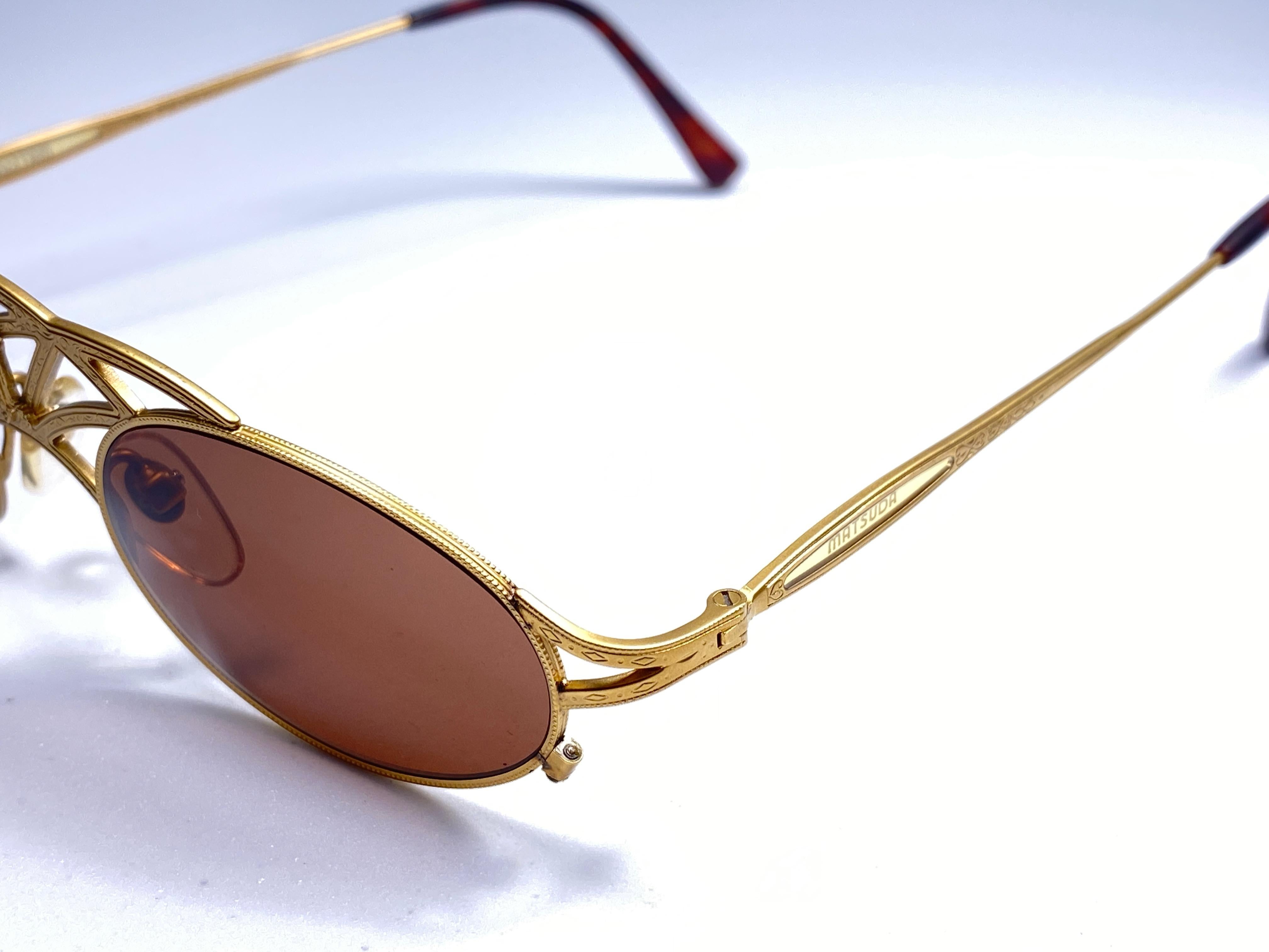 Brown New Vintage Matsuda 2844 Crown Gold Matte Inserts 1990 Made in Japan Sunglasses