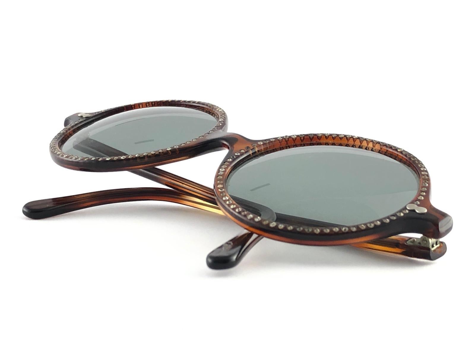 Gray New Vintage May Round Tortoise & Rhinestones Medium 1970's Sunglasses For Sale