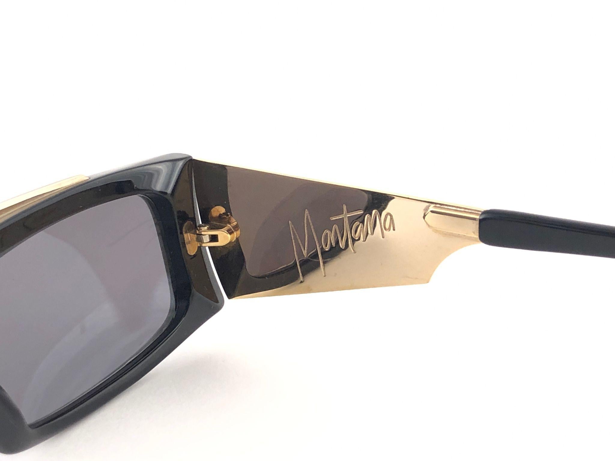 Women's or Men's New Vintage Montana 553 Mask Black & Gold Handmade in France Sunglasses 1990